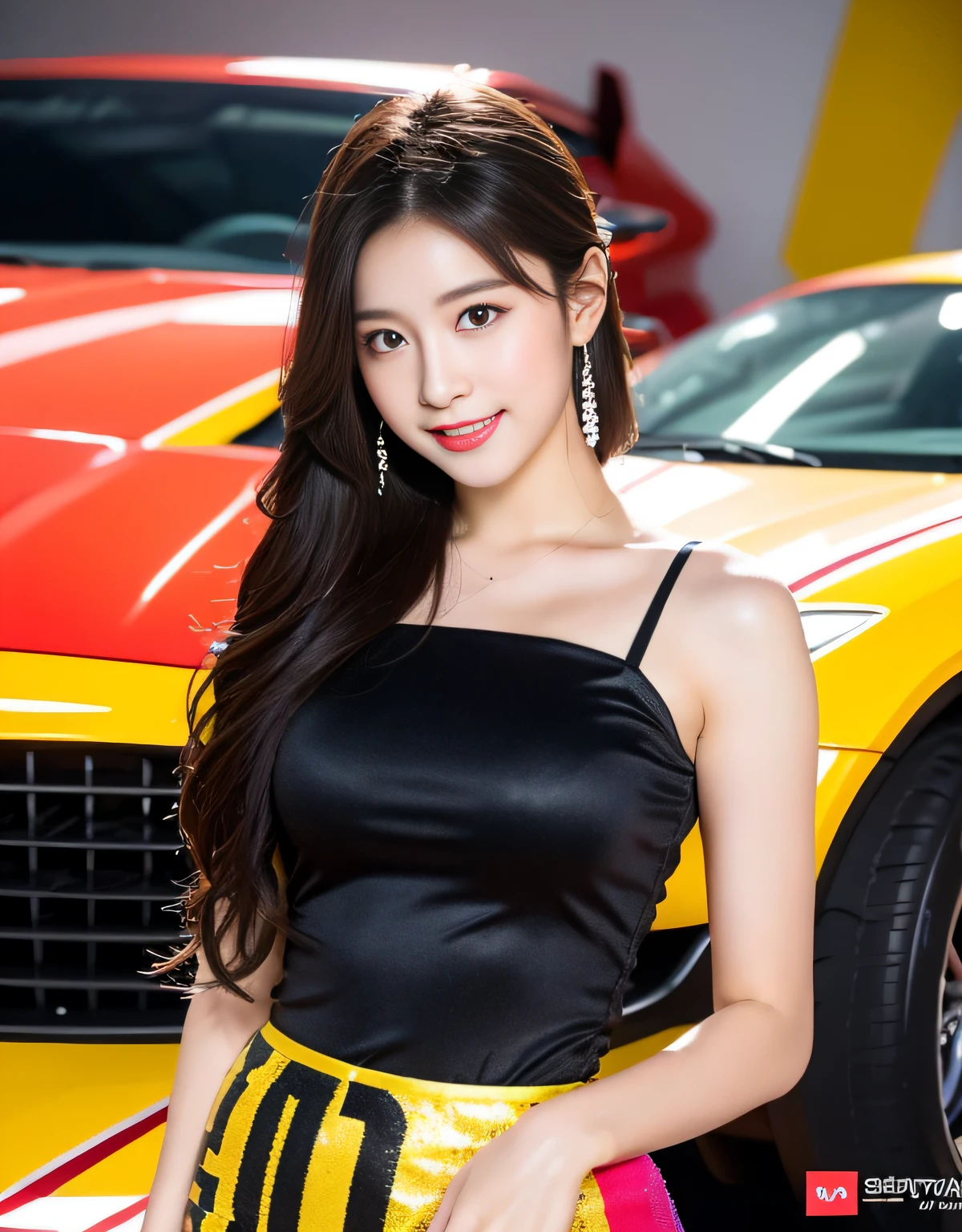 8K UHD, DSLR, Raw foto, Photorealistic, ultra realisic, Cinematic Lightning, high detailed, high detailed skin, High Quality , Tamron SP 70-300mm F/4-5.Photo taken by 6,The highest quality, Slightly visible chest and thighs, The ultra-Highres, slim waist, Lovely smile, highly detailed faces, Detailed lips, Detailed Eyes, Double eyelidd, Long black hair, Black-haired god, Spectacular sports car exhibition, Bright and cheerful atmosphere, Lovely eyes, (Racing models), Racing model costumes, Colorful costume colors, model poses, full body photograph,Bright and tight-fitting clothes, Sexy fashion