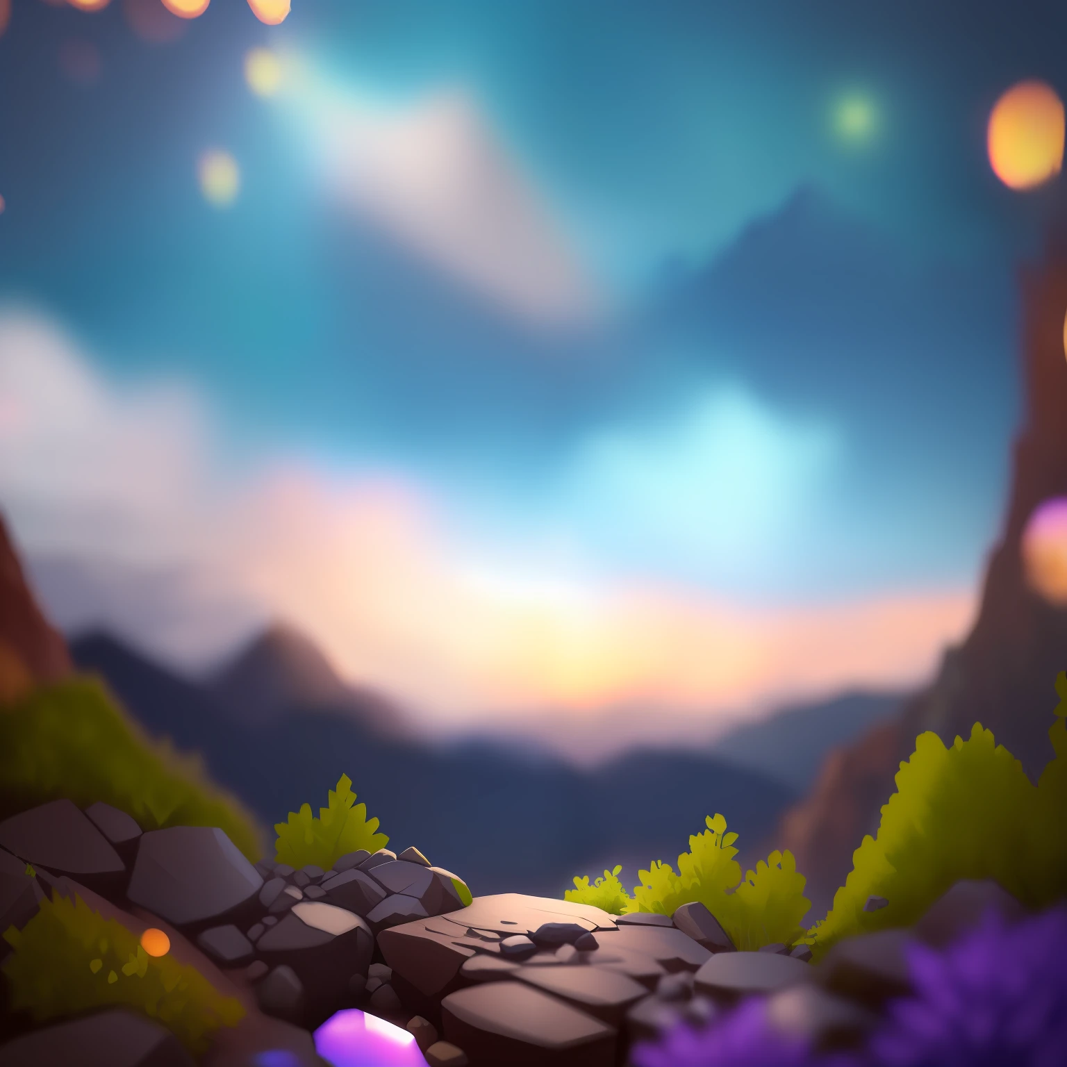Colorful art landscape with bright green plants and brown stones. Highly detailed.