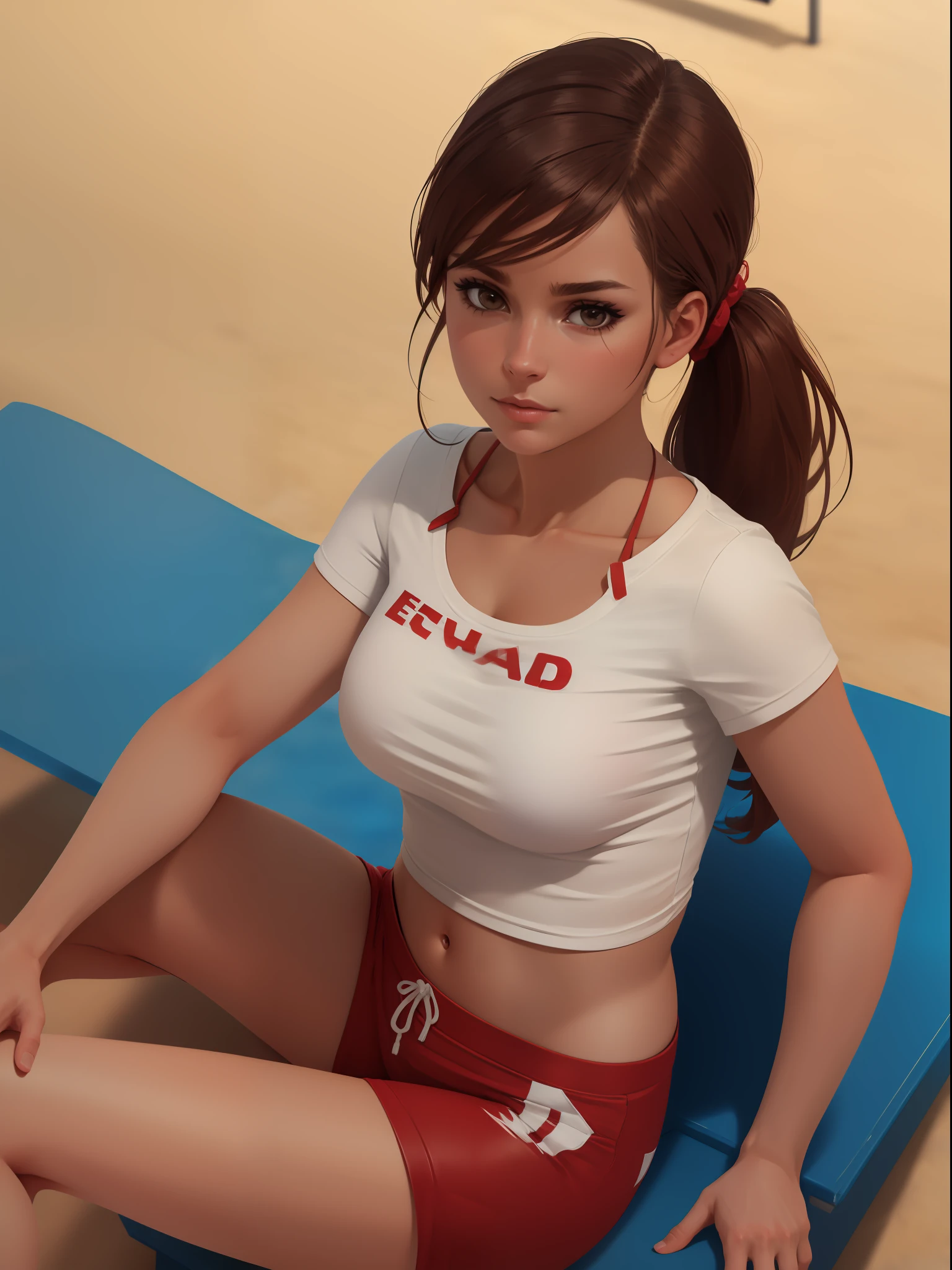 (european girl as a lifeguard, sitting in the sun, lifeguard tower, plain white shirt, red shorts), 8k, depth of field, volumetric haze, global illumination, dynamic lighting, best illumination, volumetric lighting, ultra highres, 8k, realistic, photorealism, photorealistic, hyperrealism, photon mapping, physically-based rendering,