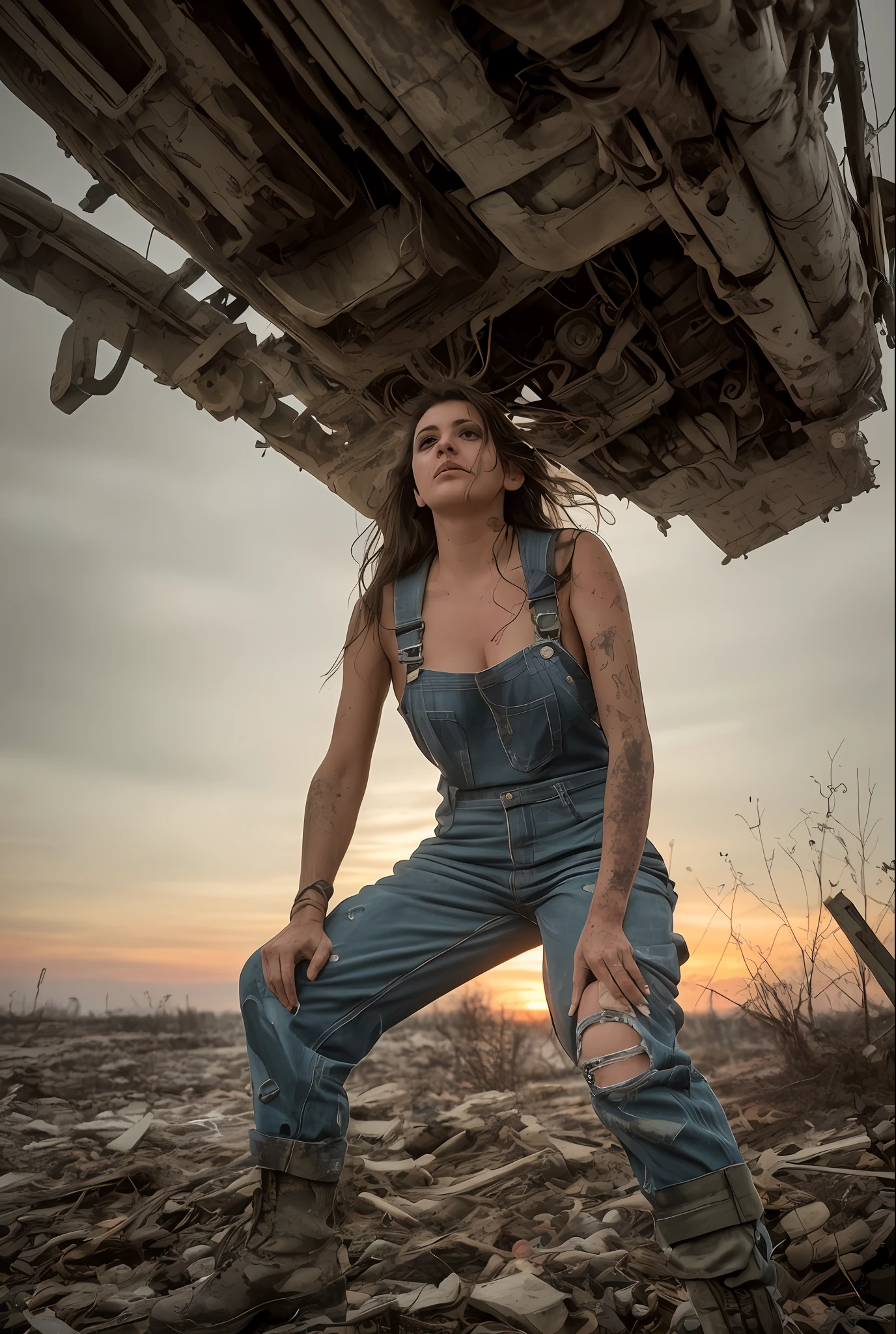 (from_below:1.2), (modelshoot style), (detailed face), ((woman mechanic wearing tattered worn-out stained military overalls)), covered by overalls, (sitting in tight cramped greasy cockpit of a post-apocalyptic hydraulic exoskeleton), sunset, grunge, oily, sweaty, dirty, ripped