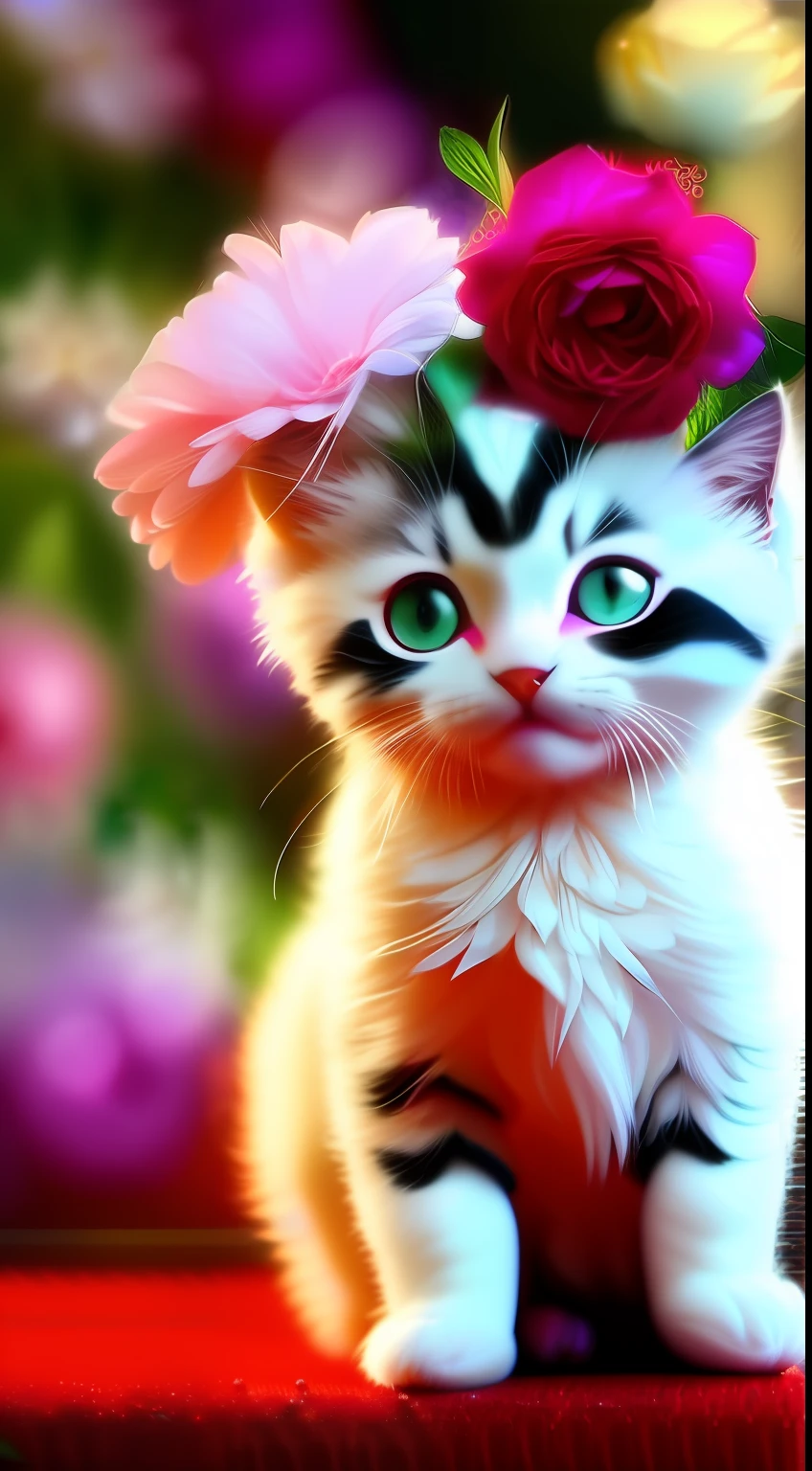 A white-haired kitten, shaggy,sparkle eyes,Jewelry and flowers in the background,ssmile,Funny,Left,Round box,Catstravaganza