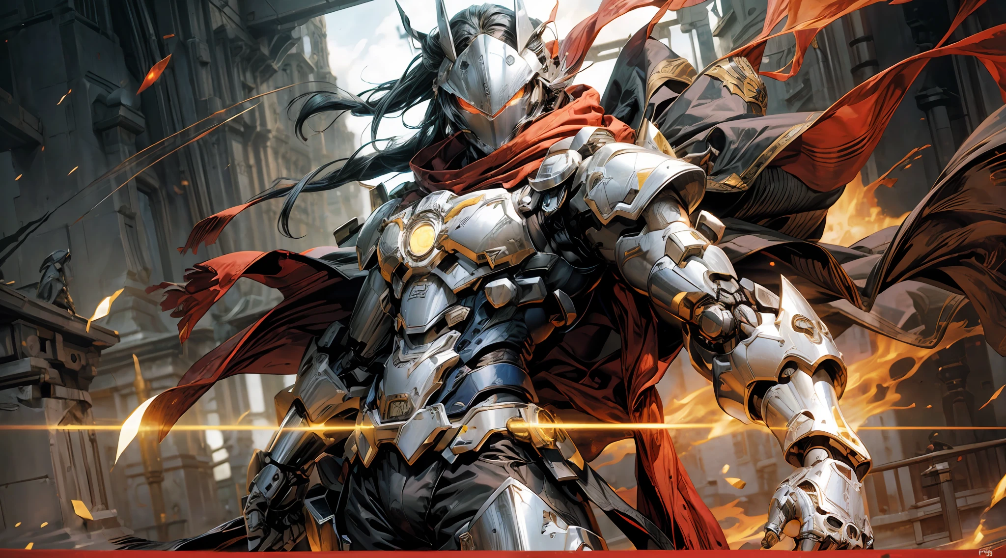 (Realism, photo realism: 1.3), (lens focal length: 35mm), backlight, a knight's mechanical armor, luxurious and exquisite shape, a blue glowing cross carved on the chest of the mech, mecha holding a red glowing wide and heavy armor sword, red scarf swaying in the wind, knight's eyes with red flame light, battle posture drawing, background fire flow, flow special effects, OWgenji, Sc3pt4