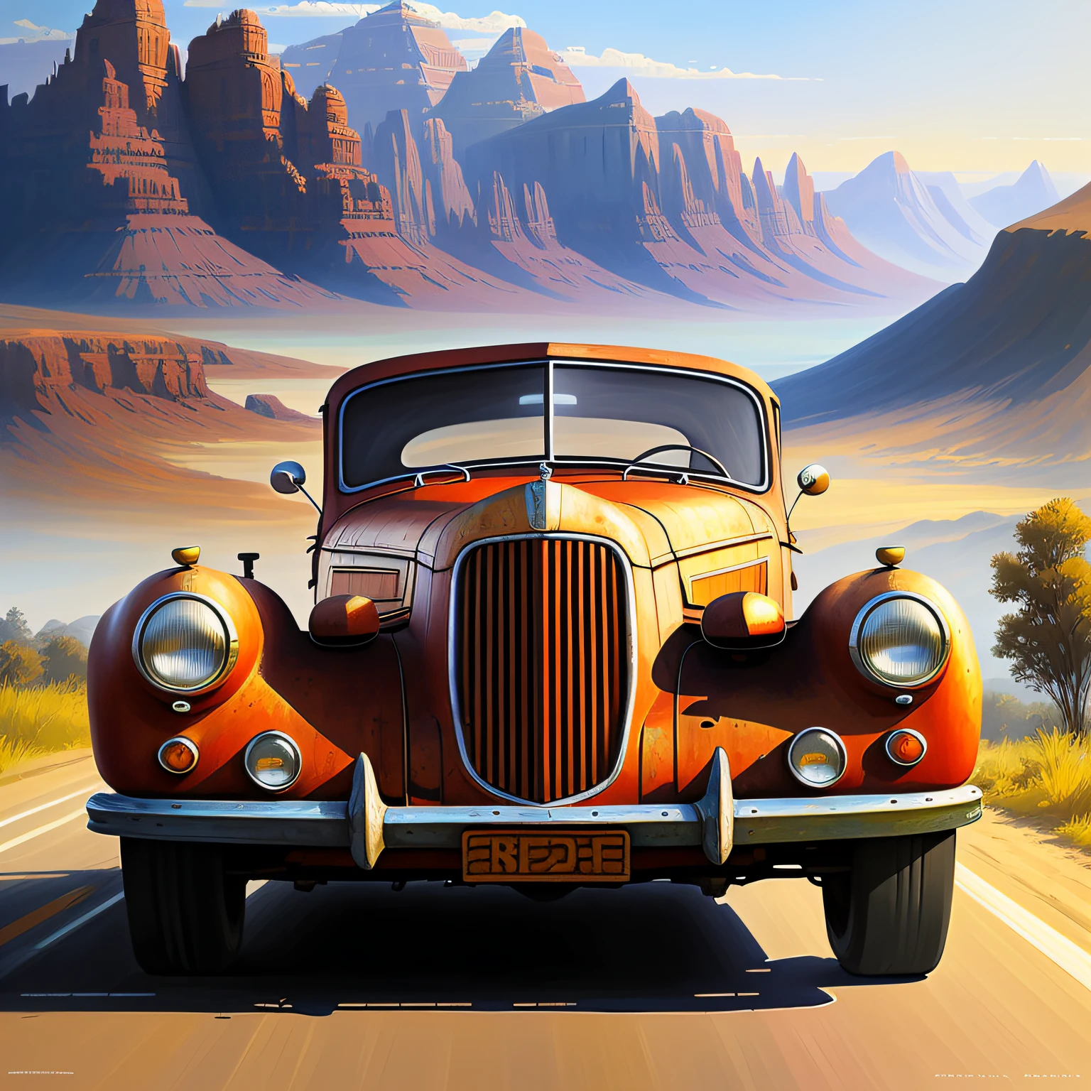 painting of an old car, inspired by James Gurney, digital art oil painting, oil paint style, oil digital painting, inspired by Andrey Esionov, oil on canvas. cinematic, concept art oil painting, high quality digital painting, airbrush digital oil painting, not going anywhere. oil painting