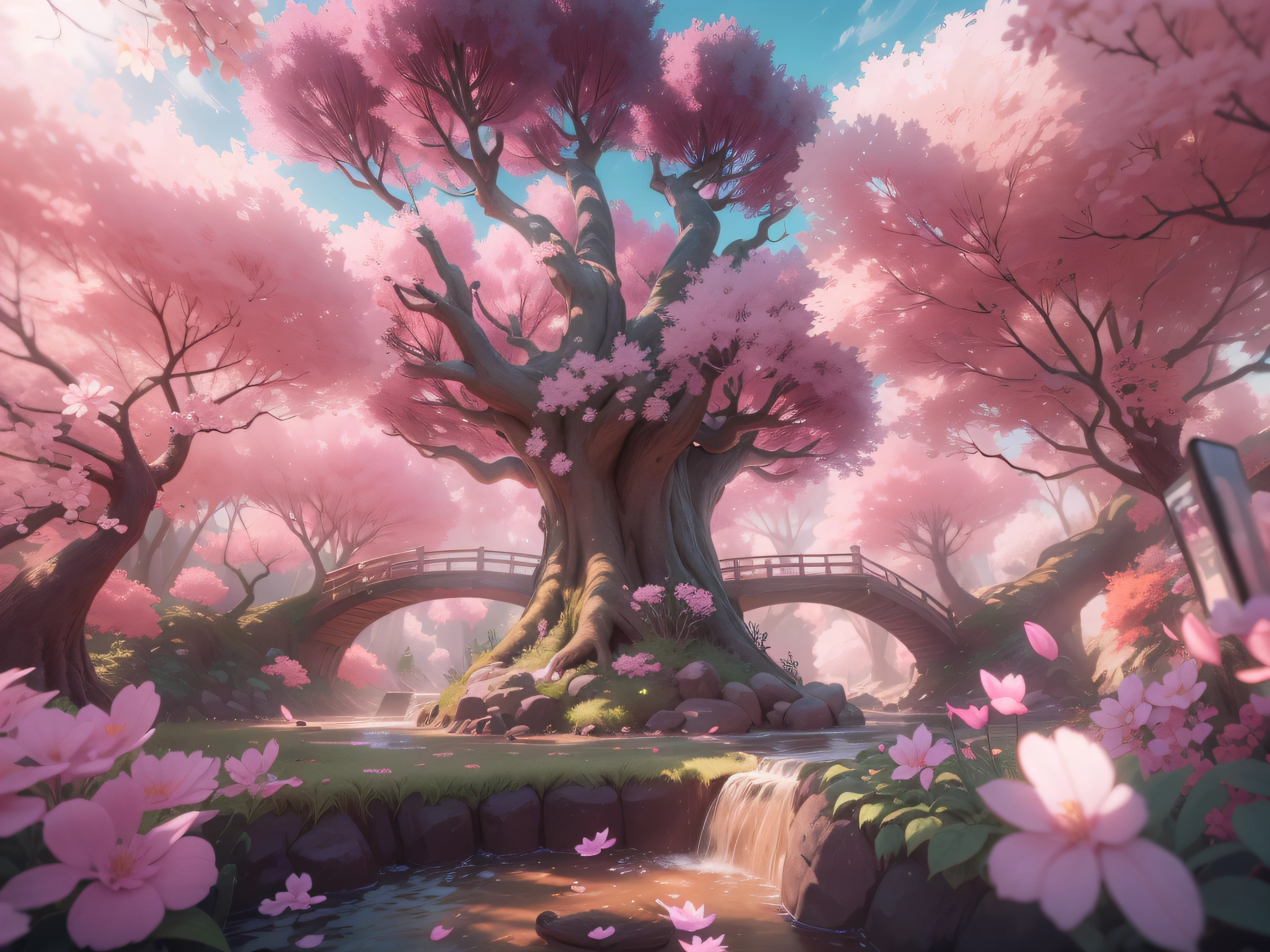 hyperdetailed Girl Scout camp with variegated schefflera and cherry blossom tree emerging from ground of hyperdetailed furry kawaii, happy waifu, pastels, Death Note art with a stream flowing through it that glows like glow in the dark, cinematic lighting, 8k, unreal engine, octane render, realistic