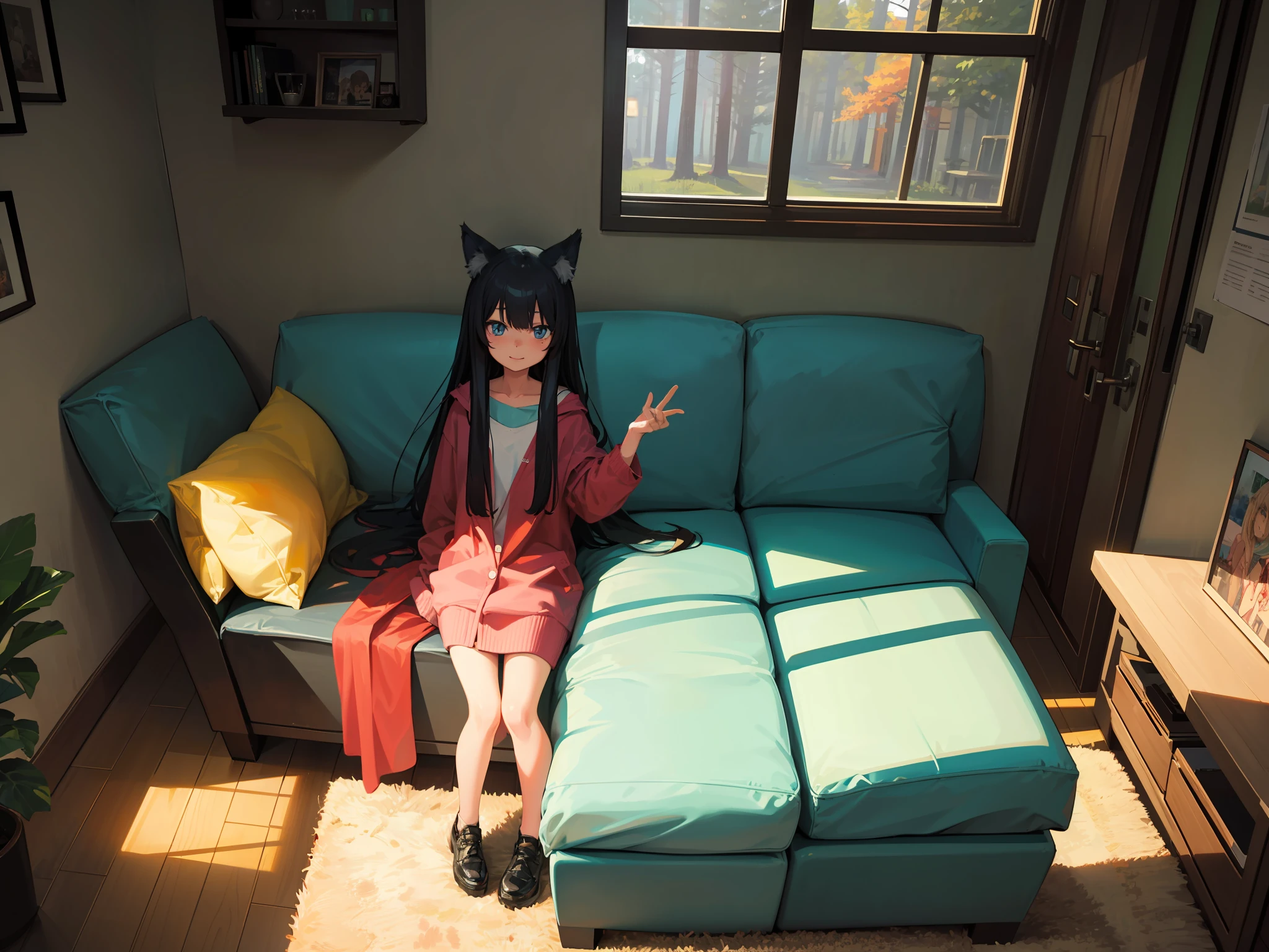 (best-quality:0.8), (best-quality:0.8), perfect anime illustration, anime art style, manga art style, perfect face, perfect eyes, perfect legs, perfect hands, anatomical correct, correct anatomy, anime, there is a living room with a couch, anime girl with wolf ears and wolf tail, black hair, blue eyes, happy expressions, looks at camera, standing in the middle of the room, chair, and a refrigerator, interior background art, inside of a cabin, forest room, cozy living room background, wide shot of a cabin interior, living room background, personal room background