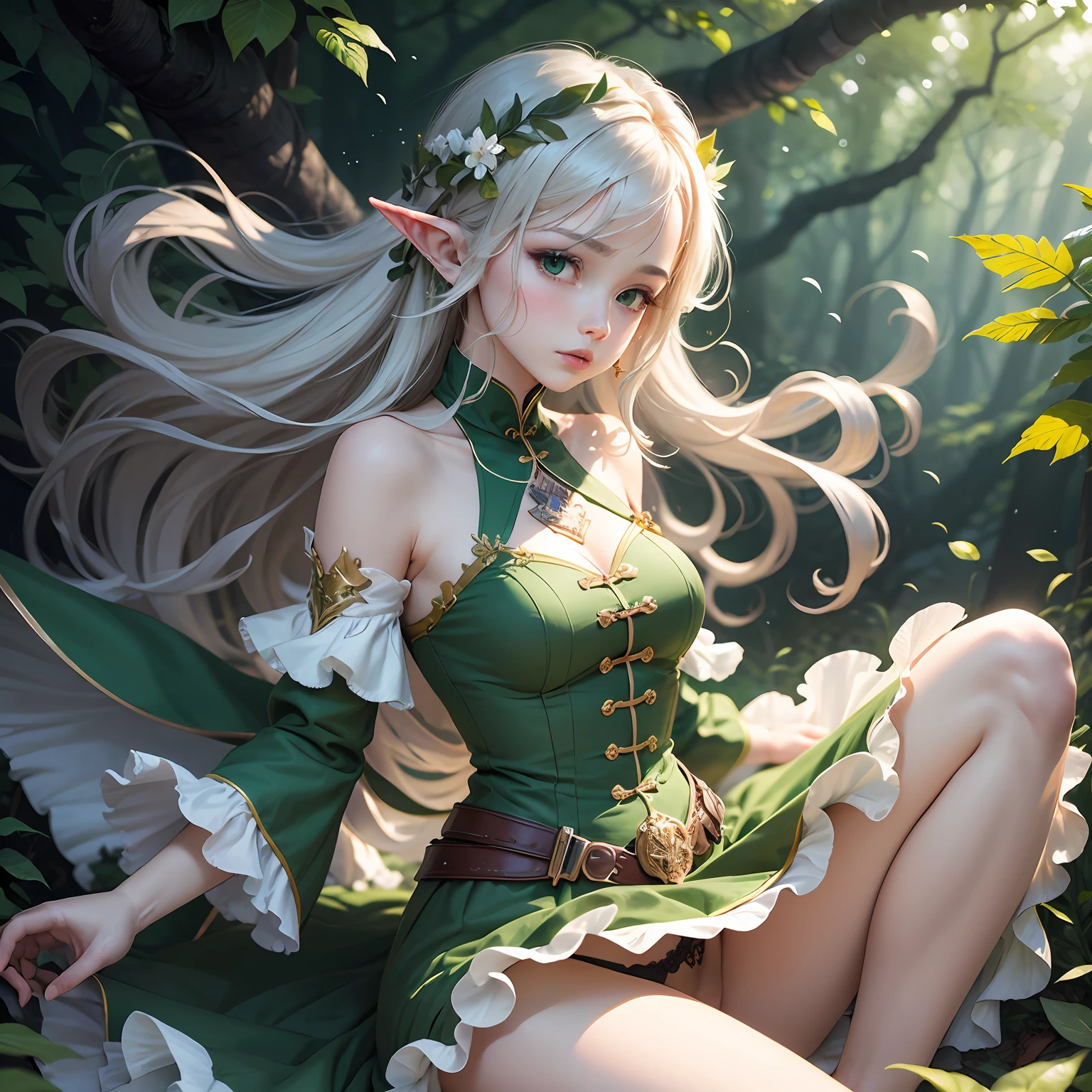 (Masterpiece, Top Quality, Best, Official Art, Beautiful and Aesthetic, Long Exposure: 1.2), Smooth Movement, Charming Patterns, 1 Girl, (Long Dress with Sleeves: 1.3), (((Green Clothes) )), bare shoulders, Chinese girl, blush, black lob hair, portrait, solo, looking at the observer, detailed background, detailed face, (crystallineAI, crystalline theme:1.1), elemental wood elf, rotation foliage, control foliage, emerald clothing, dynamic pose, floating particles, ethereal dynamics, foliage, vapor, forest in the background, green tint, forest, ethereal atmosphere, spread legs, panties