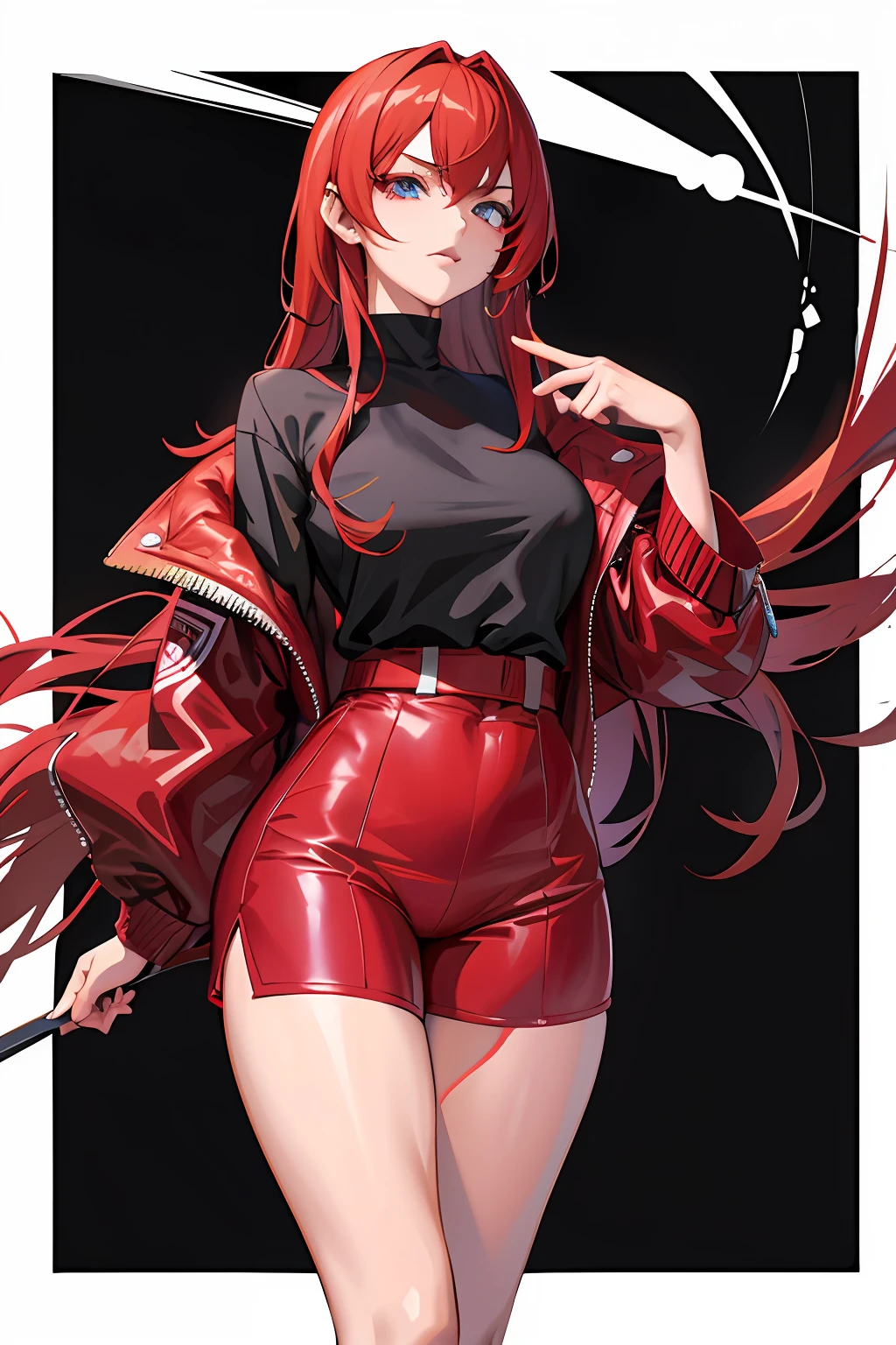 anime girl in red leather shorts and black shirt posing, badass anime 8 k, crimson clothes, trending on artstation pixiv, red clothes, anime style 4 k, cushart krenz, rias gremory, seductive anime girl, anime full body illustration, with red hair, glowing red, detailed anime character art, trending on cgstation, clear blue eyes, black pupils