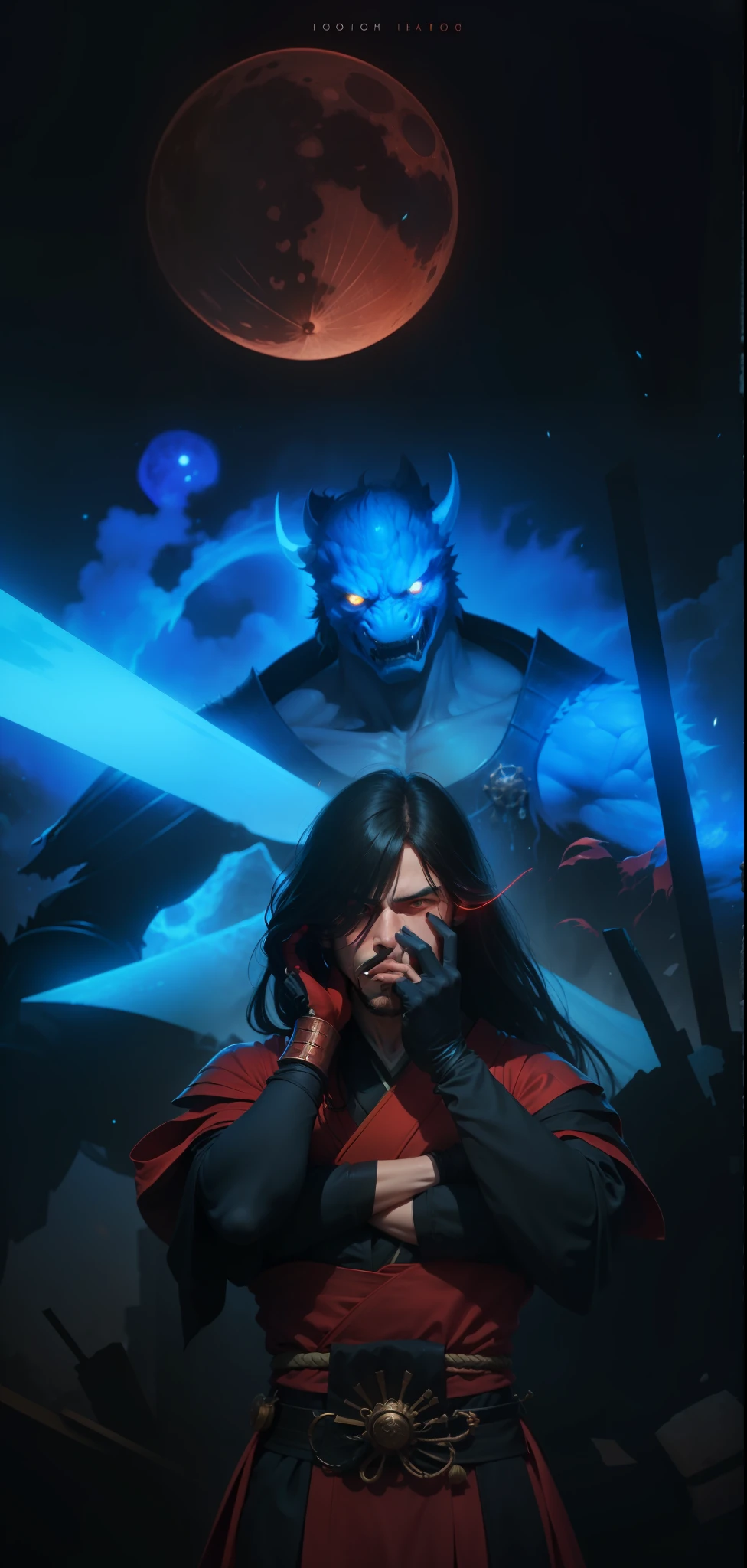 man with long hair partially covering face, red eyes, wearing Japanese samurai armor suit, giant blue monster behind, red moon, destruction, night, stones, 8k quality, hd wallpaper, realistic, high resolution