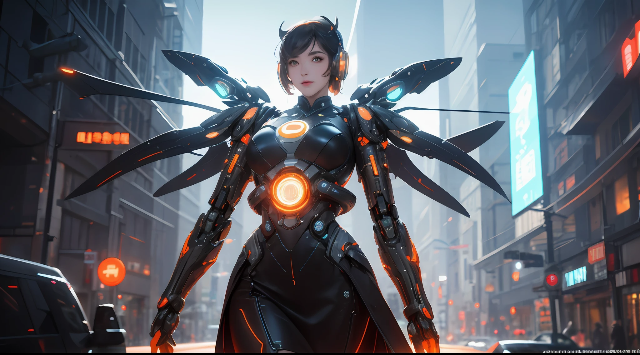 1 girl, Chinese_clothes, metallic black titanium and orange, cyberhan, cheongsam, cyberpunk city, dynamic pose, detailed luminous headphones, glowing hair accessories, long hair, luminous earrings, glowing necklace, cyberpunk, high-tech city, full of mechanical and futuristic elements, futurism, technology, glowing neon, orange, orange light, fluorescent orange, skirt, cape, coat, laser, digital background, urban sky, big moon, with vehicle, best quality, masterpiece, 8K, Character edge light, super high detail, high quality, the most beautiful woman in human beings, slight smile, face facing front and left and right symmetry, ear decoration, beautiful pupils, light effects, visual data, pick and dye orange, dye hair, super detail facial texture, happy and proud, weapon system, mecha style, crowded street passers-by, mechanical wings, super light and shadow