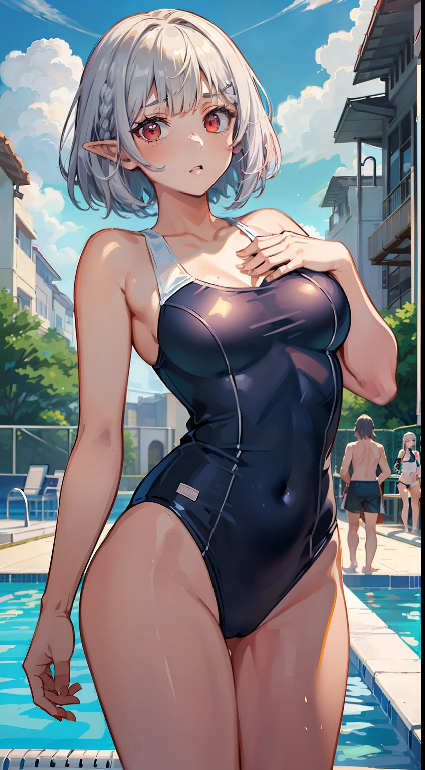 ((Embarrassing)), ((Put your hands on your chest)), ((Slouched)), 1 Whole body of a girl, elvish, ((silber hair)), Red Eyes, bob cuts, Braided hair, ((School swim wear)), One Piece Swimsuit, Outdoor pool, speculum, gender change, concept-art, beautiful anime scene, Beautiful anime scenery, top-quality, ​masterpiece