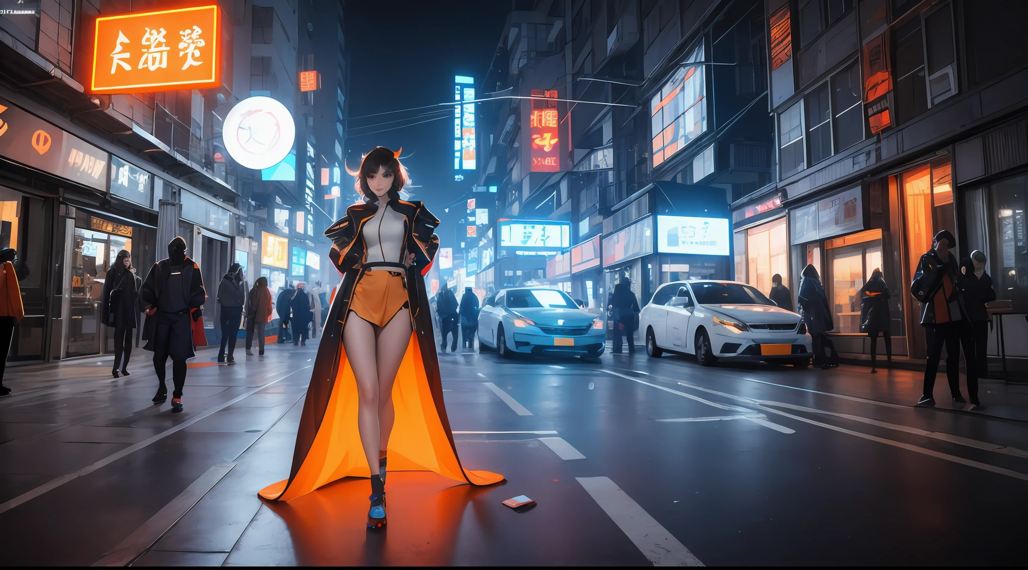 1 girl, Chinese_clothes, metallic black titanium and orange, cyberhan, cheongsam, cyberpunk city, dynamic pose, detailed luminous headphones, glowing hair accessories, long hair, luminous earrings, glowing necklace, cyberpunk, high-tech city, full of mechanical and futuristic elements, futurism, technology, glowing neon, orange, orange light, fluorescent orange, skirt, cape, coat, laser, digital background, urban sky, big moon, with vehicle, best quality, masterpiece, 8K, Character edge light, super high detail, high quality, the most beautiful woman in human beings, slight smile, face facing front and left and right symmetry, ear decoration, beautiful pupils, light effects, visual data, pick and dye orange, dye hair, super detail facial texture, happy and proud, weapon system, mecha style, crowded street passers-by, mechanical wings, super light and shadow