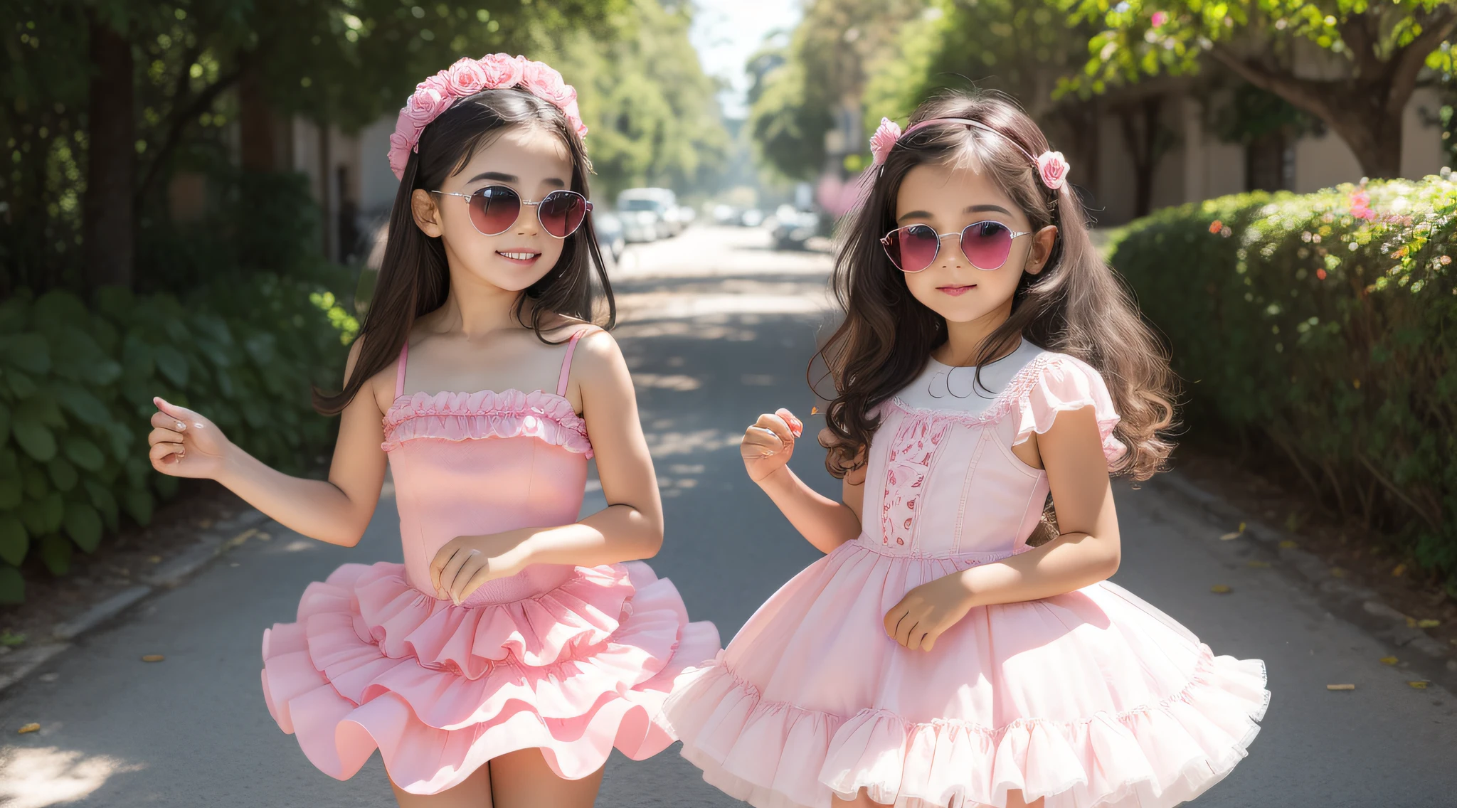 There is a girl wearing a pink dress and heart-shaped sunglasses, PORTRAIT, vestido de baile rosa brilhante, rosa bonita, menina cute and adorable, Retrato da princesa da fada, princesa fada, de uma menina anjo , romantic rose tutu, Looks doces, menina cor-de-rosaing pink romantic tutu, wearing a pink romantic tutu, na floresta cor-de-rosa, princesa menina