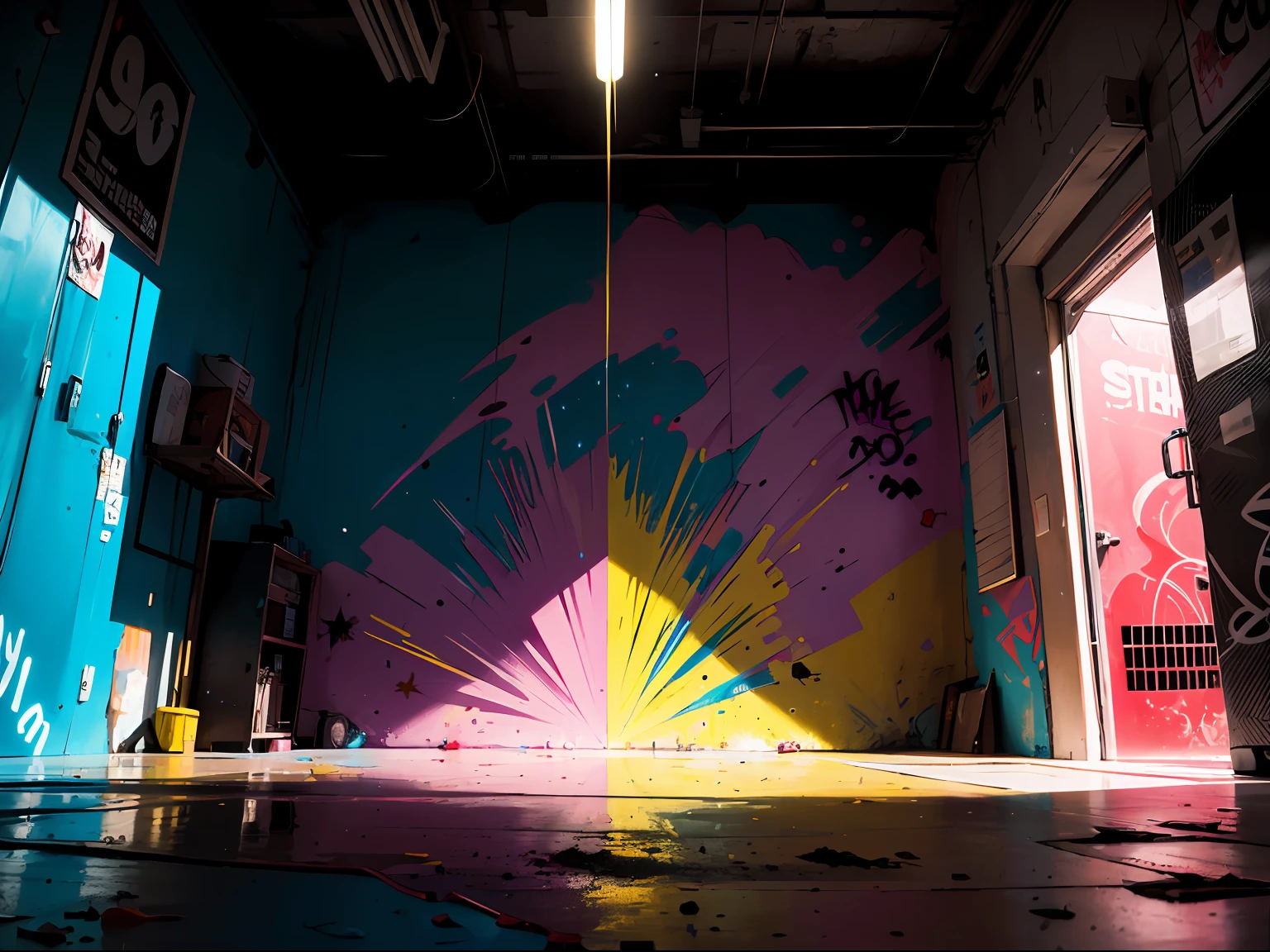 masterpiece, HD, Spray Can on the ground, Graffiti artist spray painted wall, paint splatter, Cinematic lighting effects, summer, extremely colorful, Cinematic lighting effects, cool, (scribbles), light flow art,