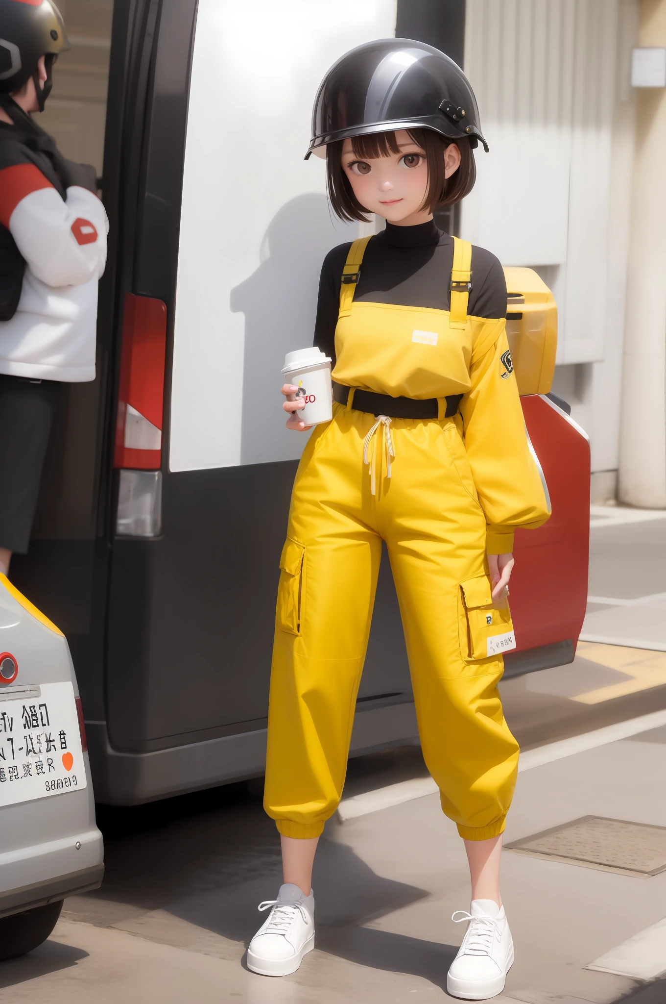 (yellow clothing、shorter pants、hot pant:1.3+)、helmet on、Delivery boy、Beautuful Women