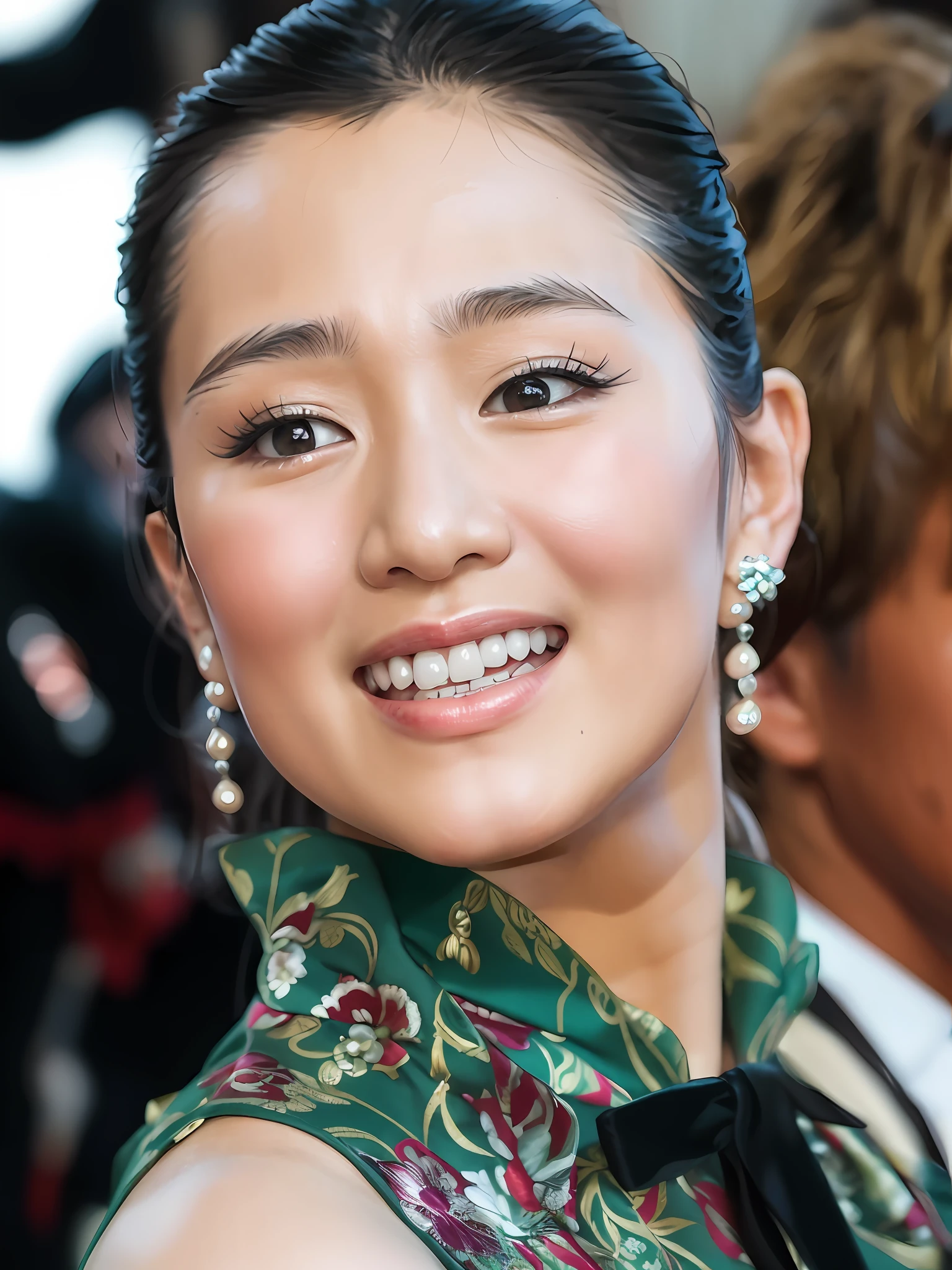 Asian woman in blue dress and black tie, gong li,