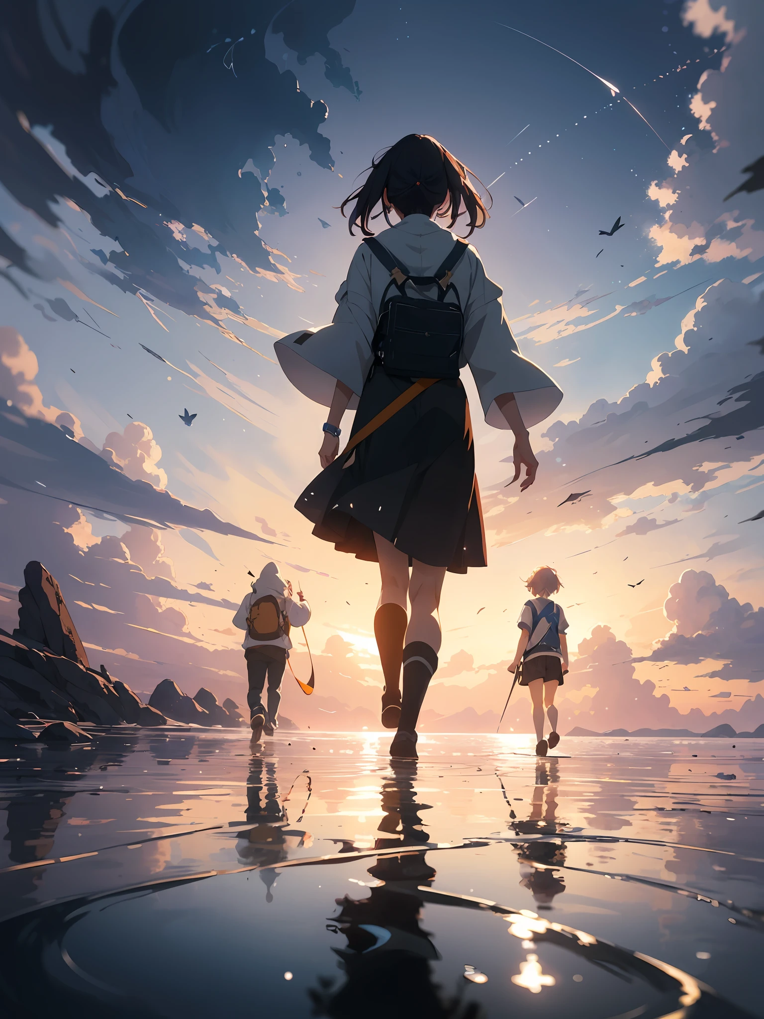 ((Masterpiece)), Best quality, Anime art wallpaper 8 K, Anime girl walking on water, Ripples, backdrop of dawn, Saturn in the background, illustration, concept-art, Anime, key visual, trending pixiv fanbox,by WLOP and Greg Rutkowski and Makoto Shinkai and Mamoru Hosada and Studio Ghibli