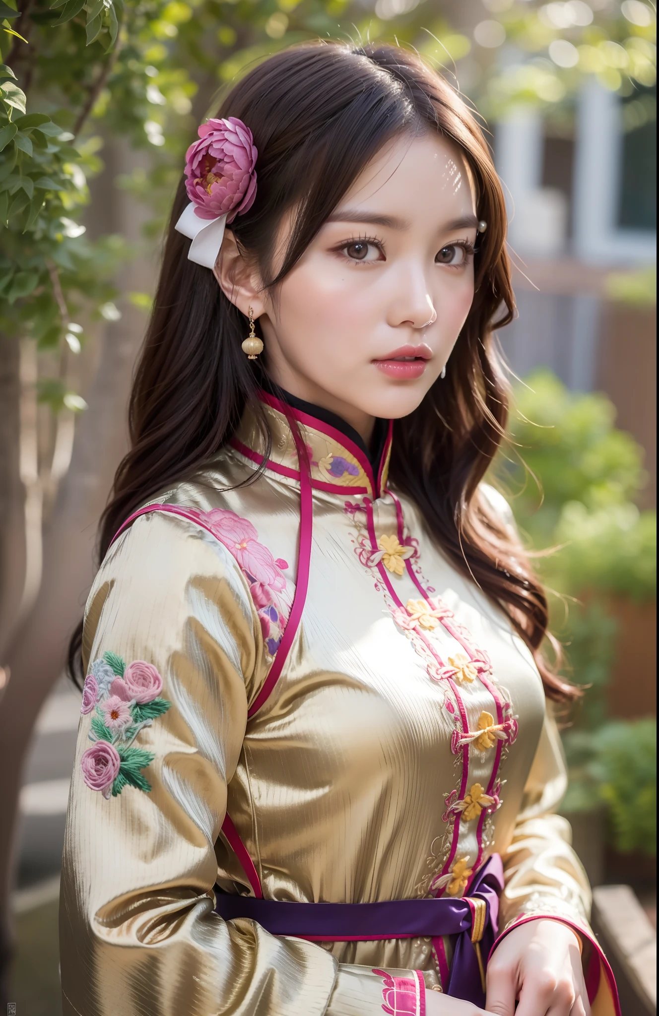 bestquality, masterpiece, Most of the body., (background: Garden), 1 girl, mature woman, chinese style, ancient china, sister, dancer, dark-brown hair, dark hair, princess cut, I twisted., ribbons, light pink lips, calm, brain, purple eyes, tassels, silver thread, beads, peony flowers, gowns, capes, silk skirts, embroidery, delicate face, close up shot, yellow clothes, pretty face, Realistic, edge lighting, Two-tone lighting, Two-tone lighting (high detail skin: 1.2), 10 UHD, SLR, Soft light, High Quality, Photograph, high-res, 10, 10, Background blur