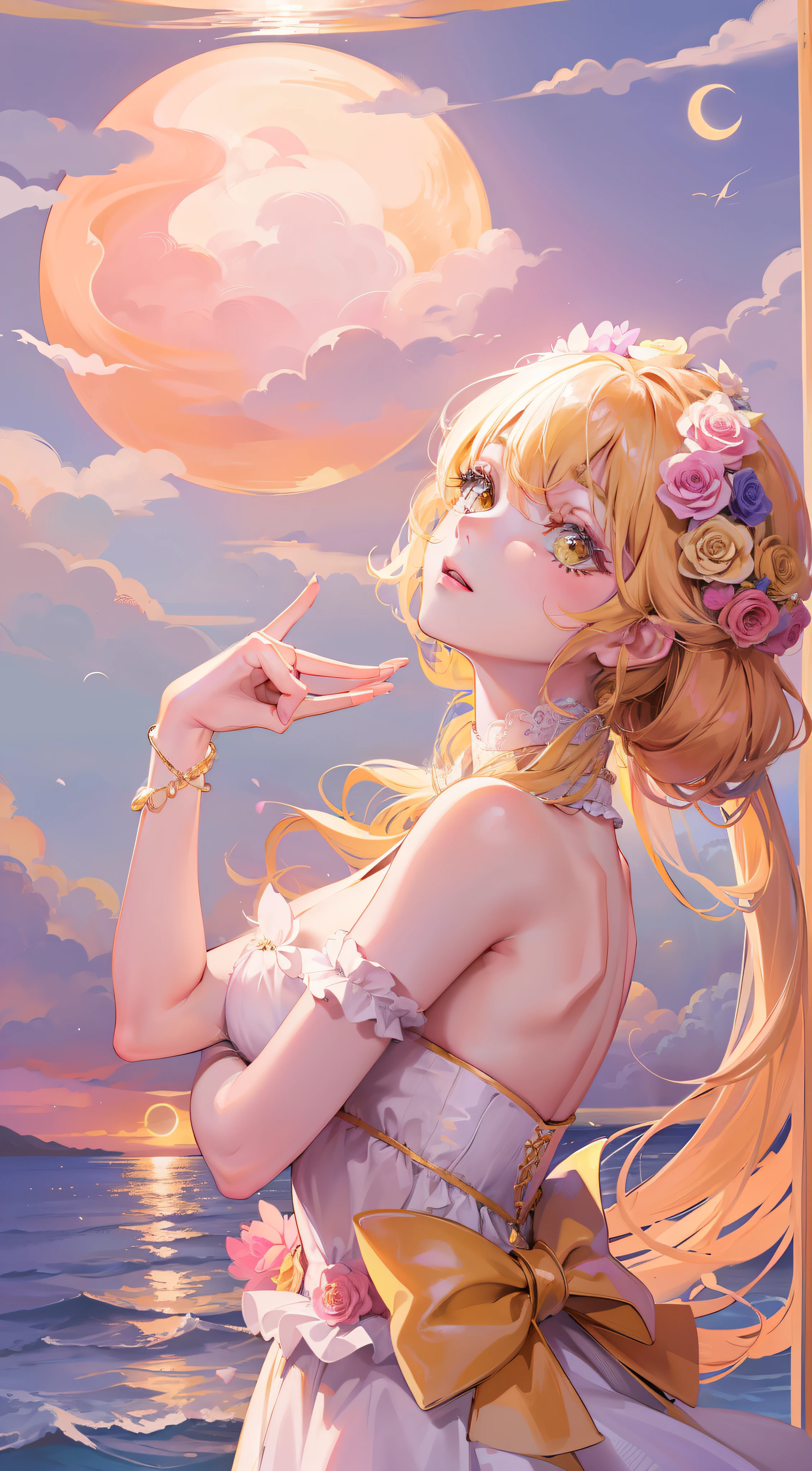 Yellow Moon、Yellow sky、Soft yellow clouds、Yellow sea waves sparkle、glinting、Pink roses of yellow sea、Fantasia、Diamonds、diadems、kosmos、Soft light、Girl looking up、