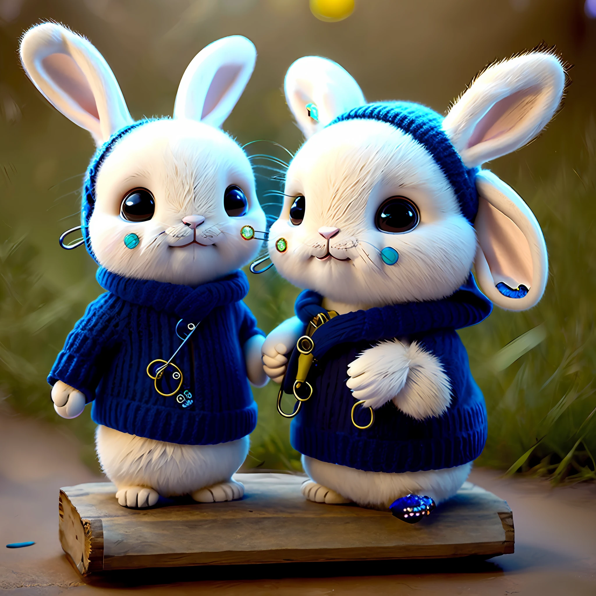Rabbit white and blue with large safety pins in the ears Tim Burton
