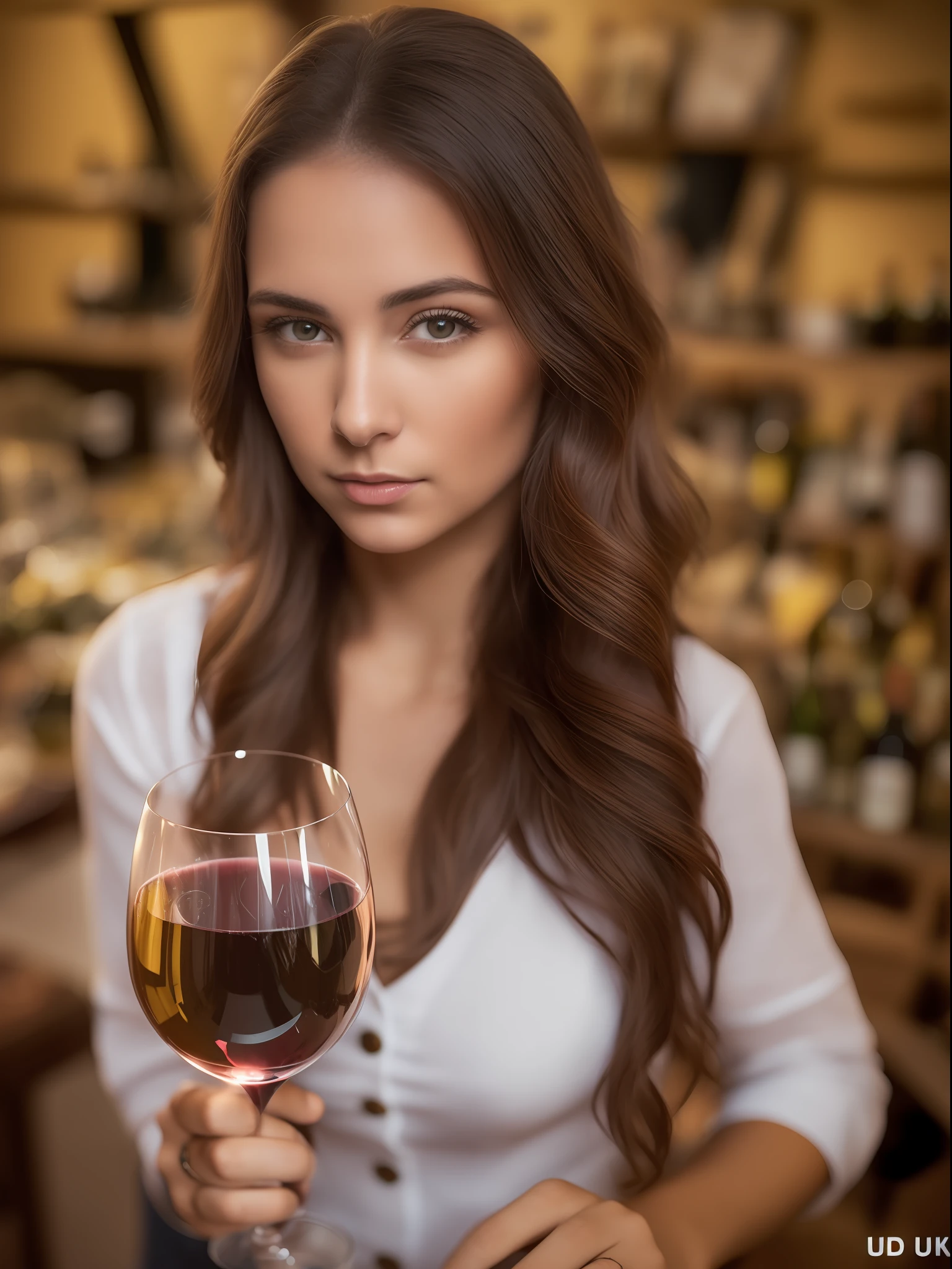 (((uma mulher jovem italiana))), (autoretrato de rosto:1.2), fotorrealismo:1.2), imagem realista extremamente detalhada, textura da pele realista com detalhes intrincados,  (Foto RAW, UHD, 8k). (drinking wine in a glass:1.2), (bebendo vinho:1.4).