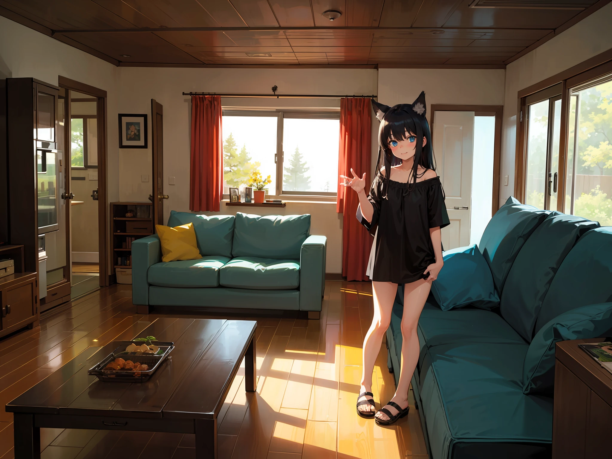 (best-quality:0.8), (best-quality:0.8), perfect anime illustration, anime art style, manga art style, perfect face, perfect eyes, perfect legs, perfect hands, anatomical correct, correct anatomy, anime, there is a living room with a couch, anime girl with wolf ears and wolf tail, black hair, blue eyes, happy expressions, looks at camera, standing in the middle of the room, chair, and a refrigerator, interior background art, inside of a cabin, forest room, cozy living room background, wide shot of a cabin interior, living room background, personal room background