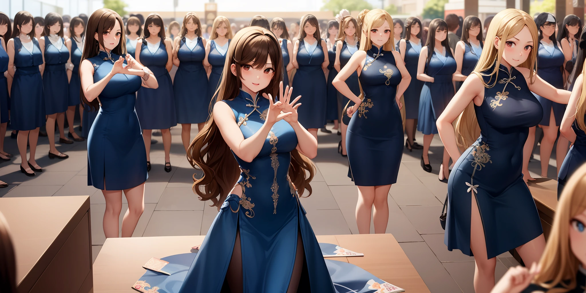 ((Thousands of, millions of, crowd of)), 100girls,crowded, long hair, brown hair, curly hair, hazel eyes,chinese dress, blue dress, sleeveless, y, large group of girls, girls standing in formation, only girls, sisters, identical dresses, matching dresses, black high heels, looking at viewer, same pose