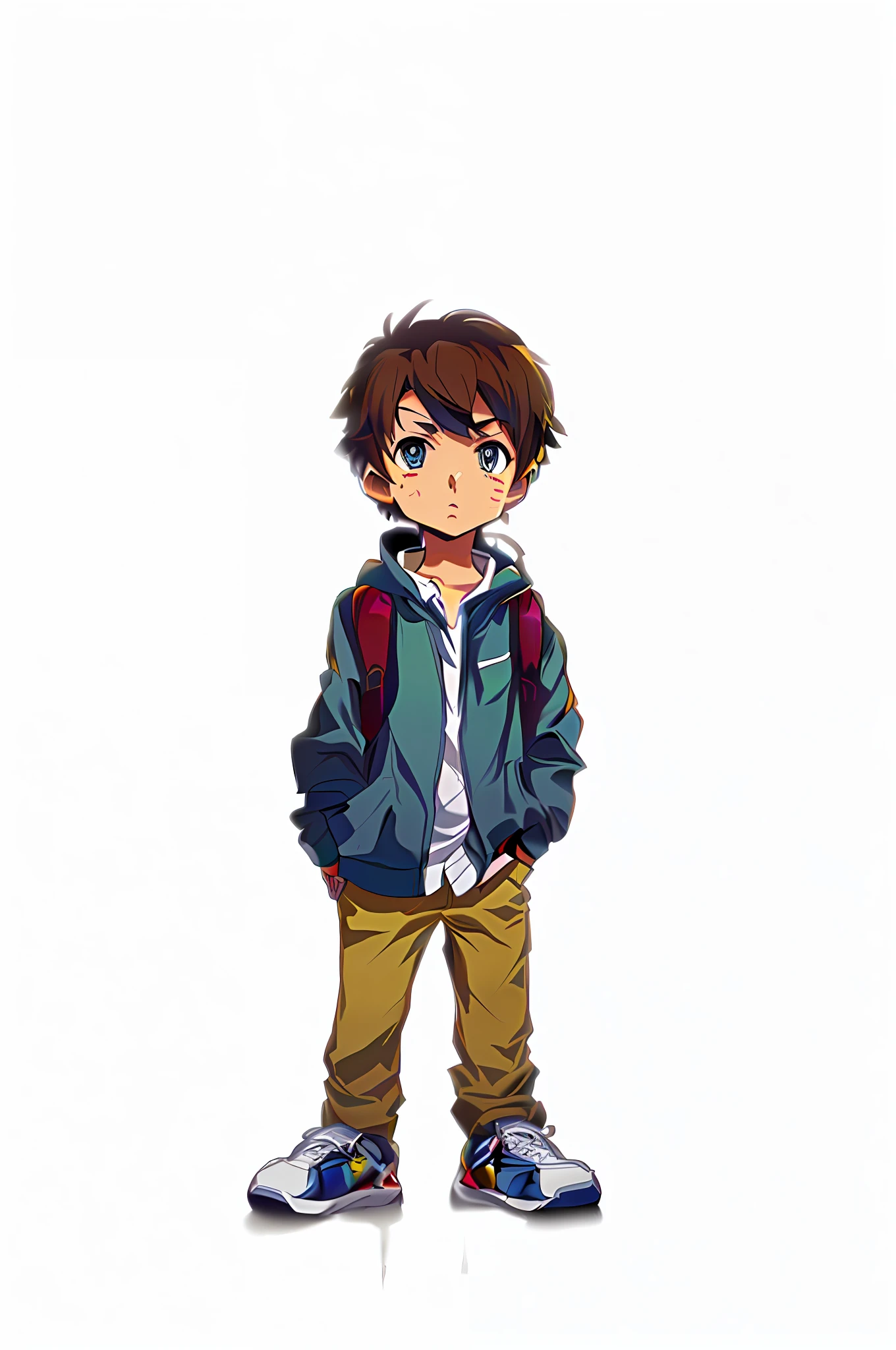 Multiple poses of a boy running from cartoons with a backpack standing in front of a black background, menino anime, anime moe artstyle, sprite visual novel, jovem homem de anime, Anime estilizado, single character full body, Anime estilizado, Makoto, personagem estilo anime, arte anime de alta qualidade, Estilo Makoto Shinkai, Makoto Shinkai Estilo de Arte, Arte Oficial