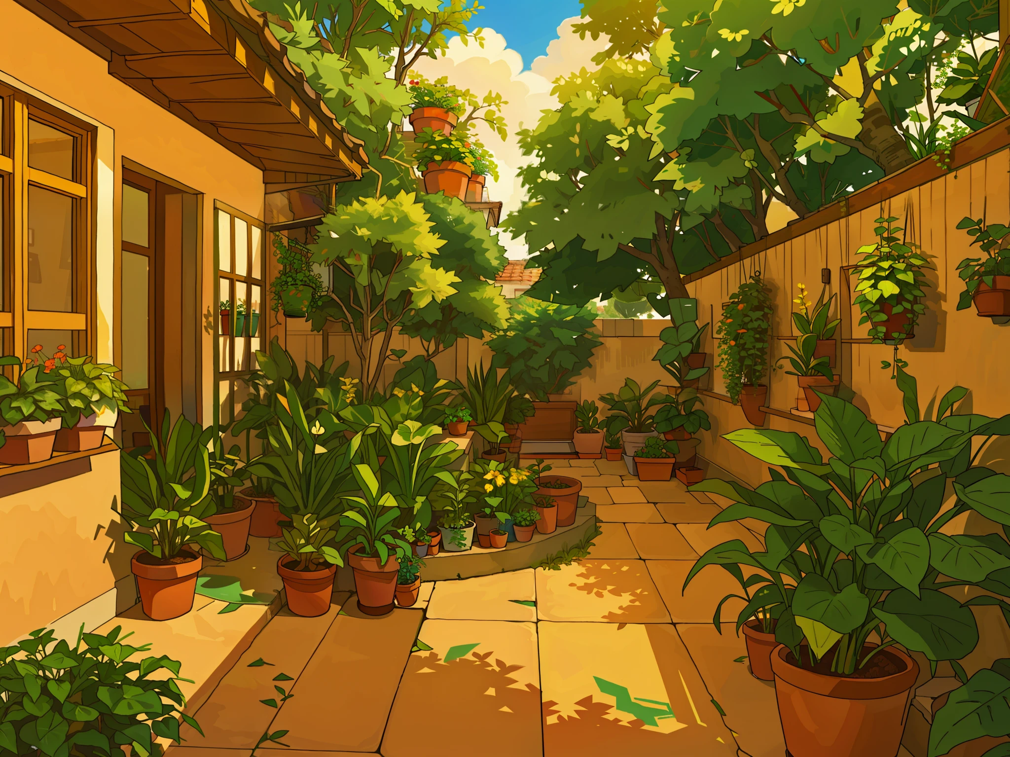 There are many potted plants in the courtyard of this house,