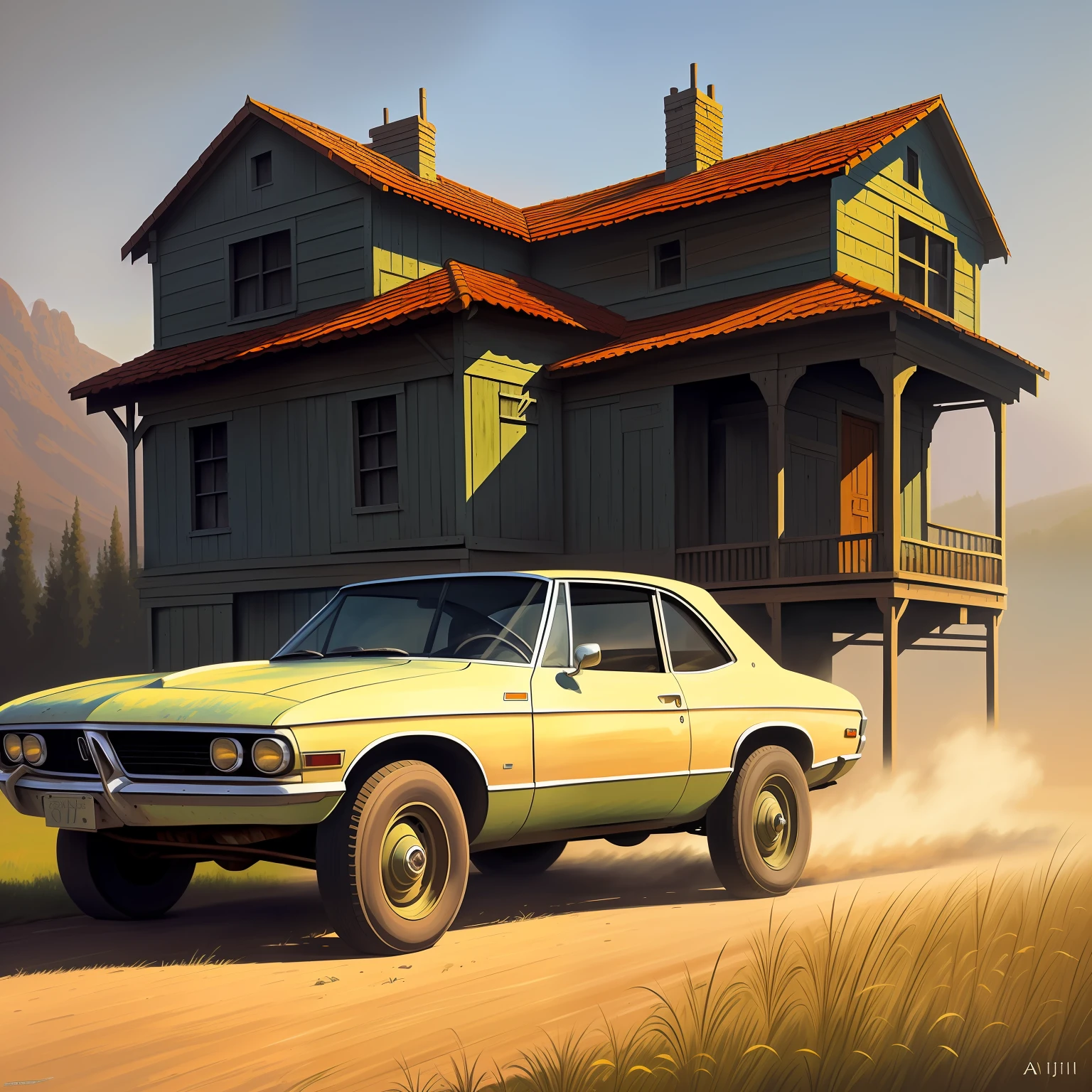 painting of an old car, inspired by James Gurney, digital art oil painting, oil paint style, oil digital painting, inspired by Andrey Esionov, oil on canvas. cinematic, concept art oil painting, high quality digital painting, airbrush digital oil painting, not going anywhere. oil painting