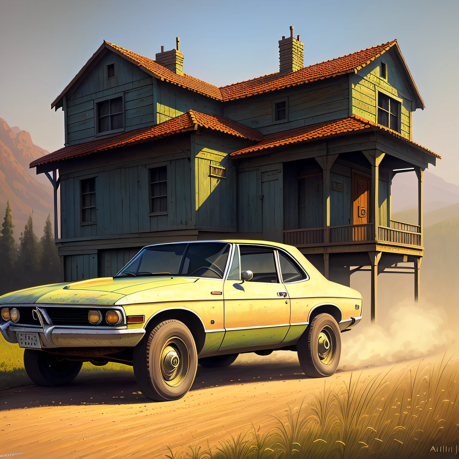 painting of an old car, inspired by James Gurney, digital art oil painting, oil paint style, oil digital painting, inspired by Andrey Esionov, oil on canvas. cinematic, concept art oil painting, high quality digital painting, airbrush digital oil painting, not going anywhere. oil painting