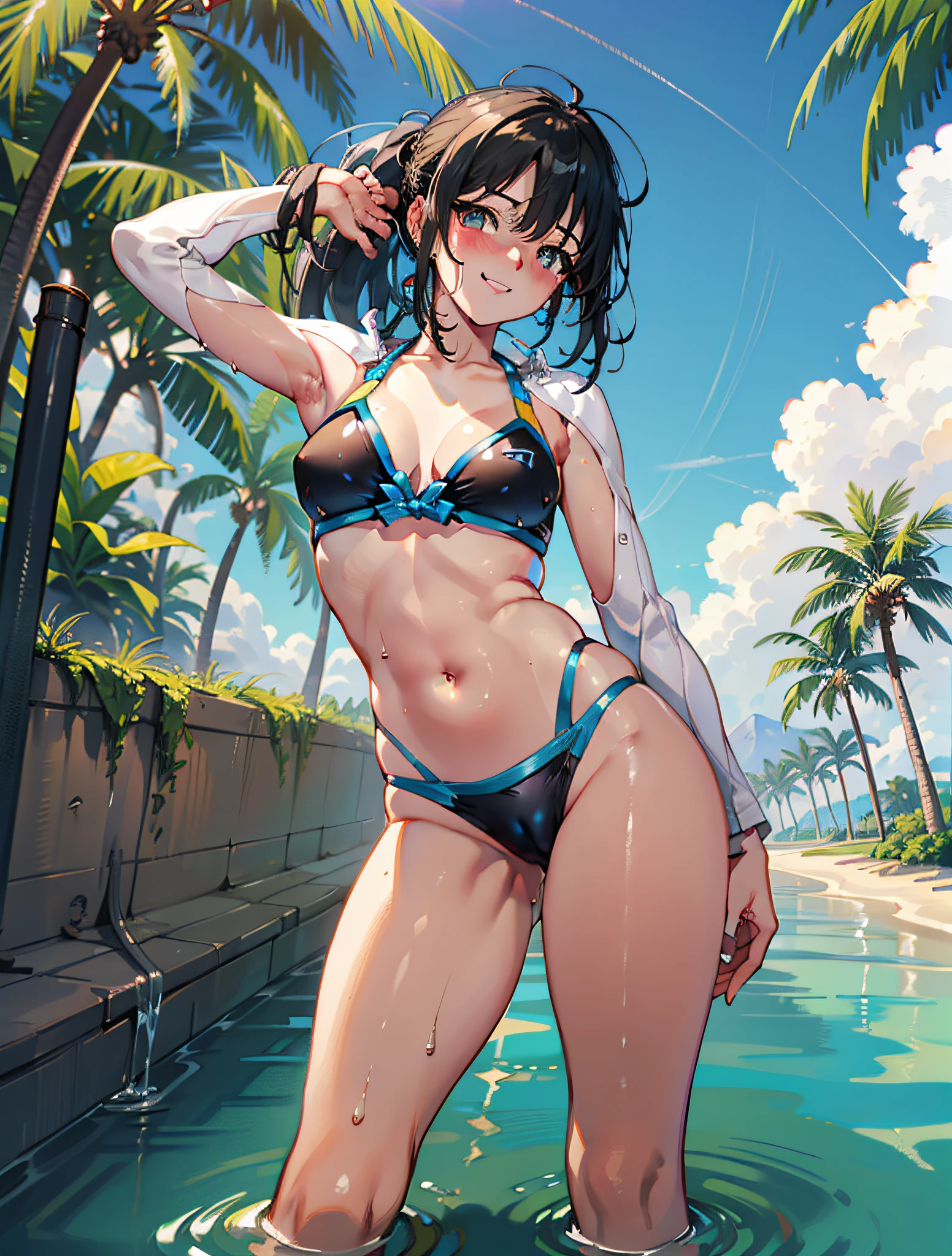 (High definition CGUnity 8k wallpaper), masutepiece, High resolution, Full body, 15 and ************、girl with２a person、 Faraway view、tanned beautiful girl, Crotch open pose、beautiful beach volleyball player, Short black hair, Blonde ponytail、misaligned micro bikini, finely drawn pretty face, Shiny skin, Small breasts, free pose, with erect crotch, huge erect, holding with hand, in front of everyone, abdomen wet with, shame, Futanari, androgyny, pain, A smile、Look at viewers, seaside, Resort, white clouds, Blue sky