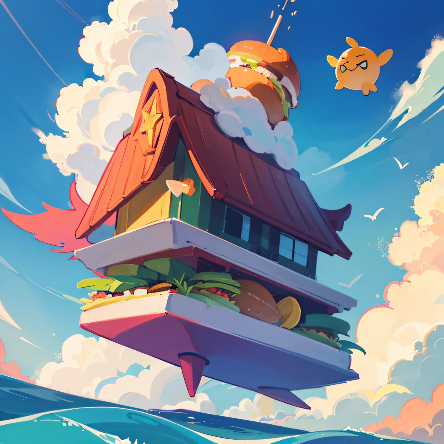 borgar,Look up,Built on the mainland,Floating in mid-air ,There are clouds around --auto