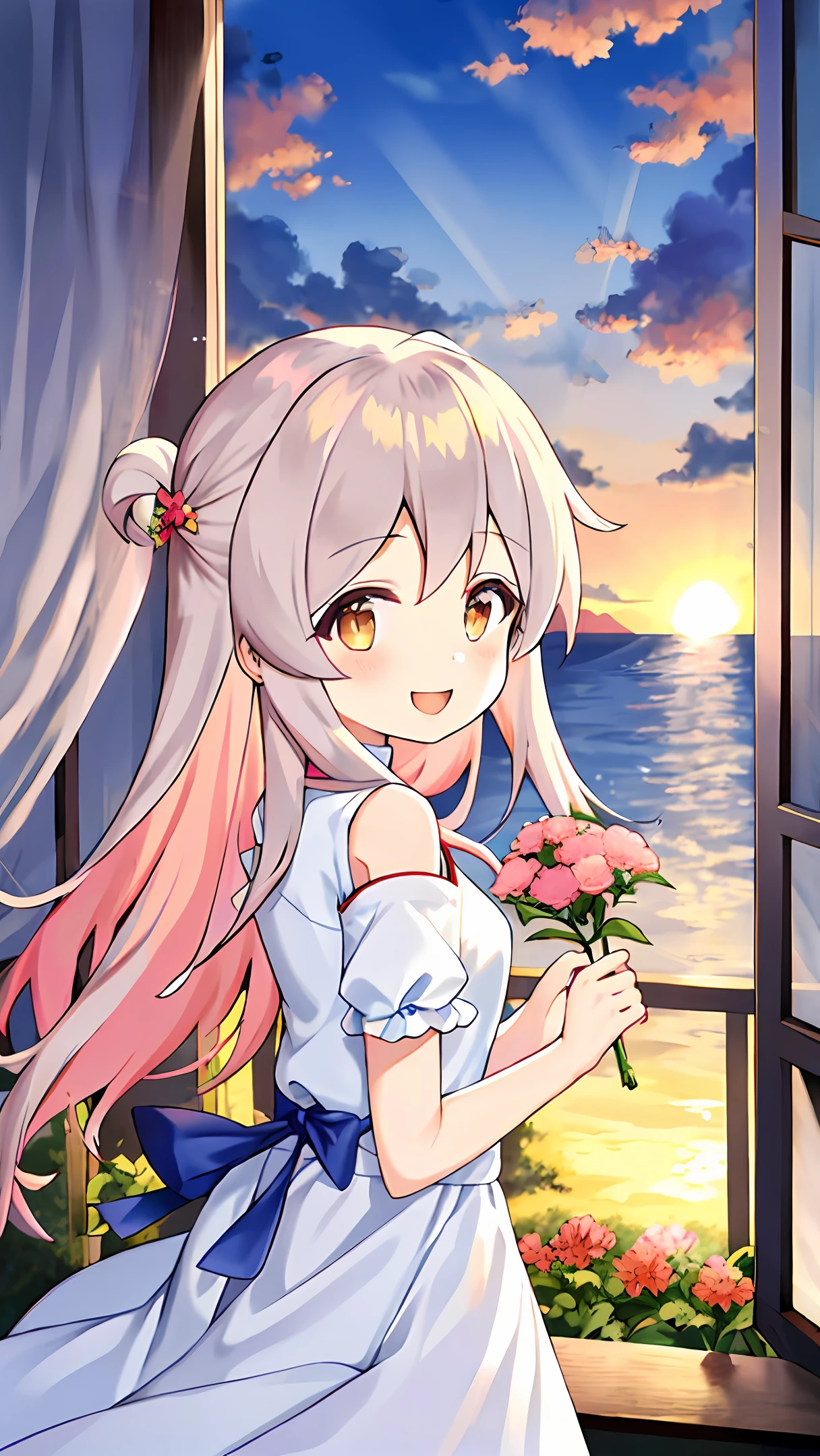 夏天，Beautiful sunset，rays of sunshine，Girl holding flowers，long  skirt，ssmile，long whitr hair
