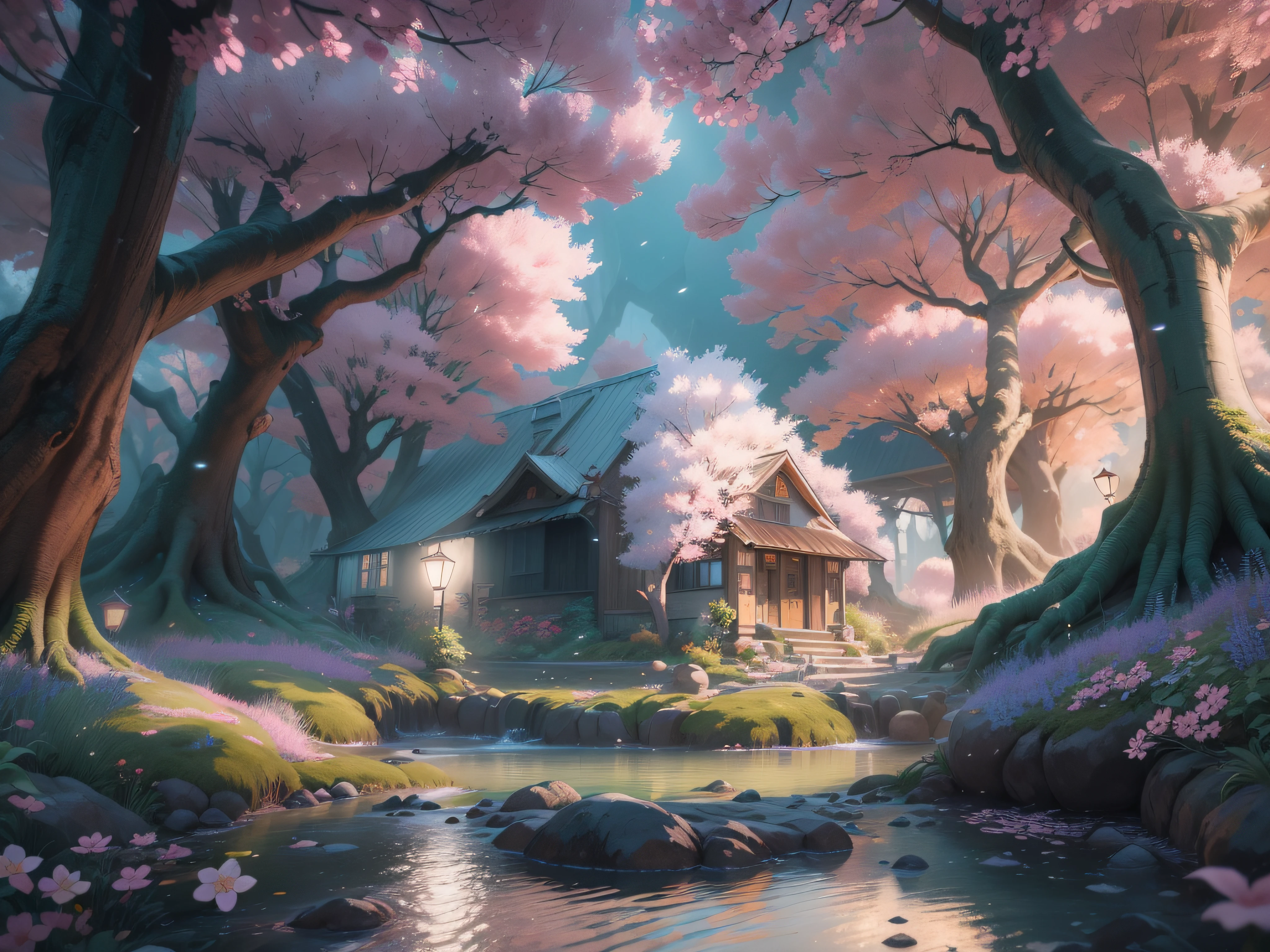 hyperdetailed Girl Scout camp with variegated schefflera and cherry blossom tree emerging from ground of hyperdetailed furry kawaii, happy waifu, pastels, Death Note art with a stream flowing through it that glows like glow in the dark, cinematic lighting, 8k, unreal engine, octane render, realistic