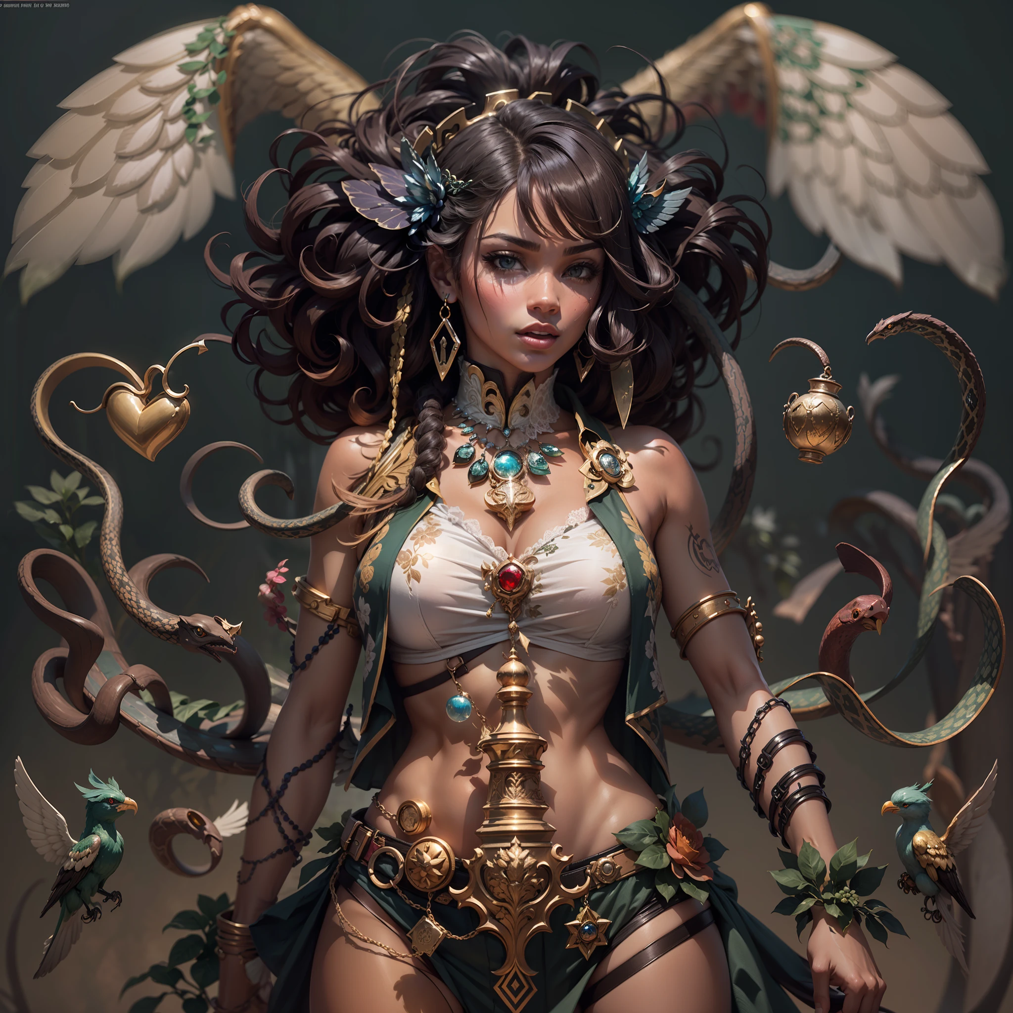 Caduceus Hermes mythology surmounted wings surrounded intertwined snakes Medusa_hairs_Snakes Outdoor Nature "Ouroboros" Forest Natural Queen Native éblouissantes Valkyrie-wings clef chains "Heavy Metal" Will-o'-the-wisp Fire-follets fairy pixie sprite conceptual safe female glamour aesthetic walking slow motion Cosplay "Nicki Minaj":1.5 "Rihanna":1.5 "beyonce":1.5 aristocratic jacket 38years symmetrical athletic bronzé hairstyle_snakes:1.5 obvious varied ecstatic fringes:1.5 visages:1.5 cheekbones effects reddened embarrassed lazuli water drop between eyes beautiful hair:1.5 Brown Eyes Pupils Black Iris Turquoise Sapphires Open Mouth Teeth Smiles Floating Jacket Fixed Pearls Eccentric Cape Levitating Shoulders-Off:1.2 chemise blanches dentelles clavicules papillotes varied breasts1.5 points:1.3 satin sideboob felt bikini:1.5 corsait:1.5 spinels thick navy leather skirt:1.5 soies assortie amples nombril:1.3 revealing pubic scarlet pubis-hairy obvious indigo underwear:1.5 Size chastity belt:1.3 silver adorned padlock Gold thighs legs garters Gothic stainless steel boots decorated onyx equirectangular 360 monastery opal marble ruby background:1.5 DoF mannequins lantern dressed armor richly decorated:1.5 "Chevaleresque" dramatic chrome metallic flat bands fathoms brass fullbodye lys rune ornate emerald plasma embroidered glyphs Tourmaline wood engravings lava magic intricate:1.5 summons snake incandescent Crystalline familiar robot Mecha (EOS R6 135mm 1/1250s f/2.8 ISO400) Mech Mechanized snakes flowering Quetzalcoatl:1.5 Adaptable volumetric luminescence saturated:1.5 ultra:1.5 pro-photorealists:1.5 optimaux:1.5 qualities:1.5 details:1.5 precise:1.5 reflex:1.5 resolutions:1.5 3dcg max:1.5 graduates:1.5 improved:1.5 Octanes_rendues:1.5 UHD XT3 16K DSLR HDR UnrealEngine5 profondeurs:1.5 Earth Heart:1.5 Hearth ultra_sharpness:1.5 ombres analogiques:1.5 CGSCOSITY pet chef-d':1.5 "Bruce Weber girls" multi etc.