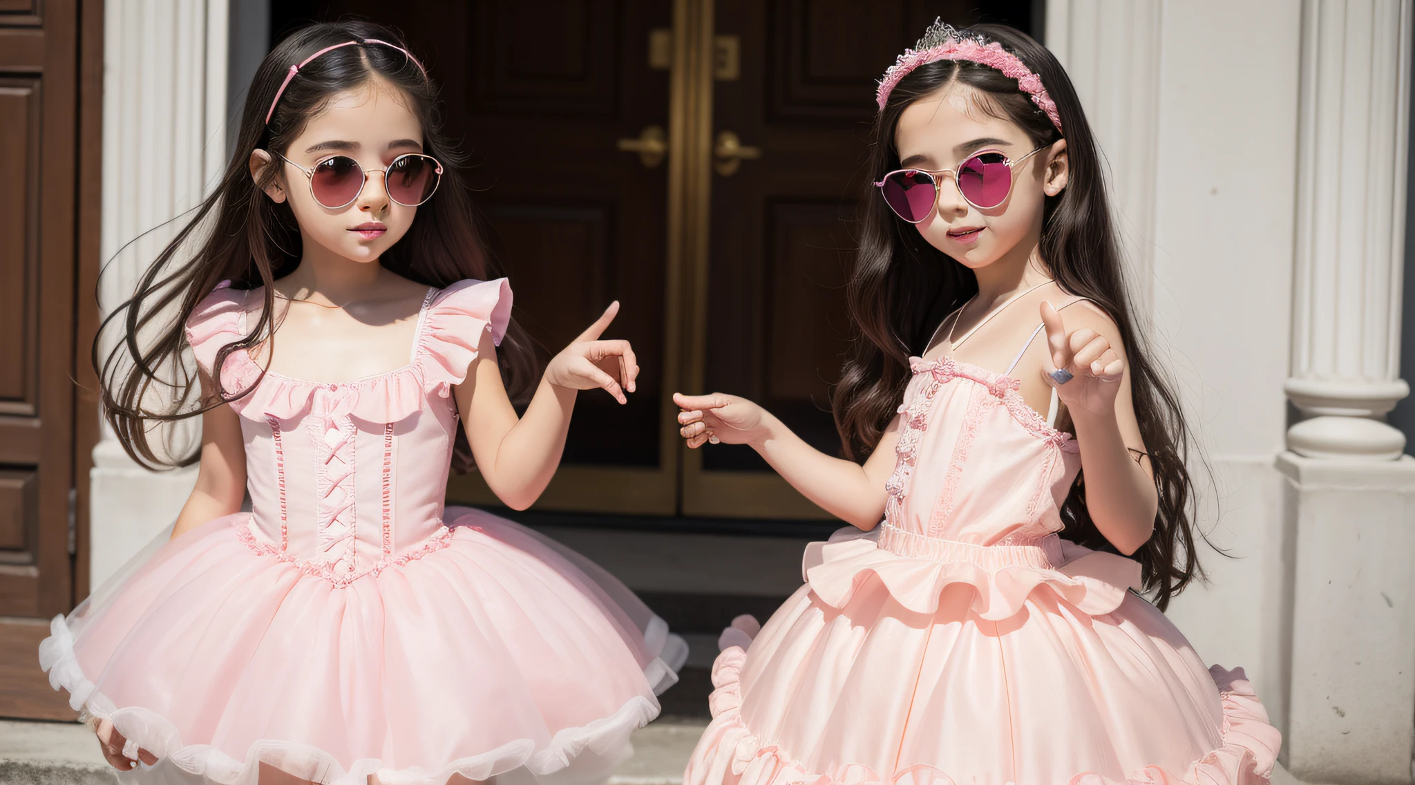 There is a girl wearing a pink dress and heart-shaped sunglasses, PORTRAIT, vestido de baile rosa brilhante, rosa bonita, menina cute and adorable, Retrato da princesa da fada, princesa fada, de uma menina anjo , romantic rose tutu, Looks doces, menina cor-de-rosaing pink romantic tutu, wearing a pink romantic cor-de-rosa, princesa menina