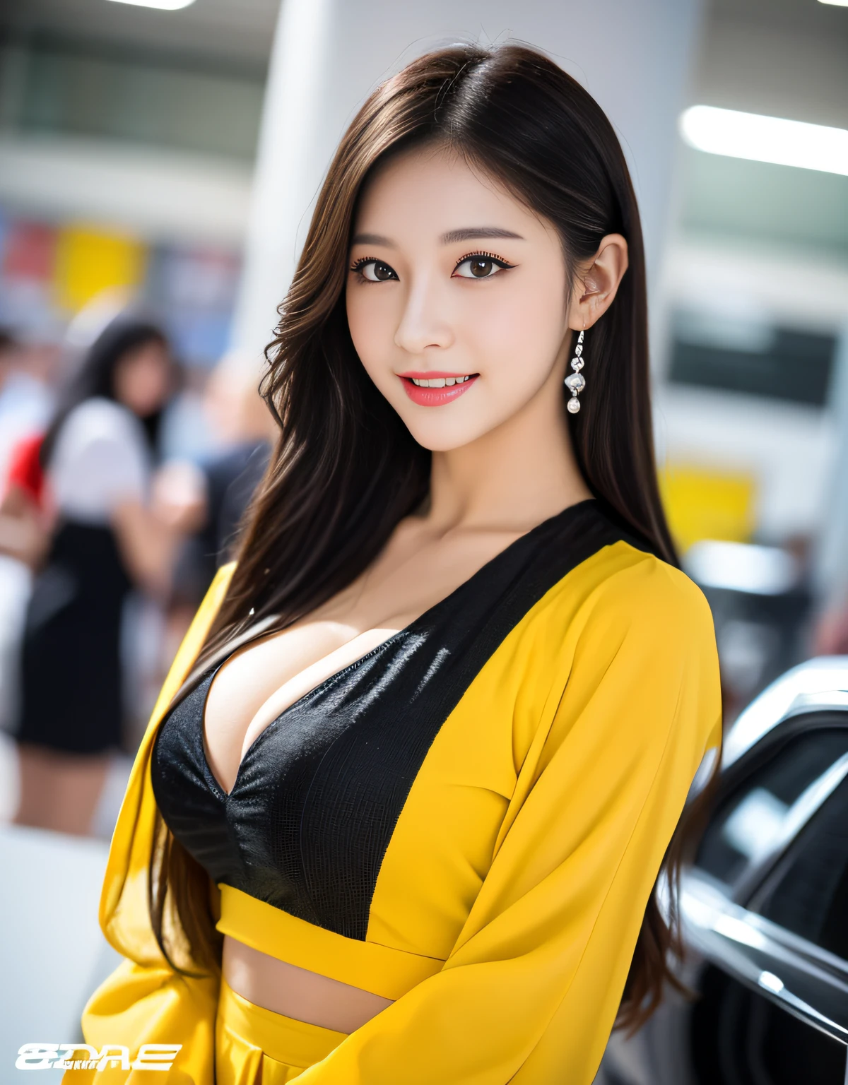8K UHD, DSLR, Raw foto, Photorealistic, ultra realisic, Cinematic Lightning, high detailed, high detailed skin, High Quality , Tamron SP 70-300mm F/4-5.Photo taken by 6,The highest quality, Big breasts and thighs seen a lot, The ultra-Highres, slim waist, Lovely smile, highly detailed faces, Detailed lips, Detailed Eyes, Double eyelidd, Long black hair, Black-haired god, Spectacular sports car exhibition, Bright and cheerful atmosphere, Lovely eyes, (Racing models), Racing model costumes, Colorful costume colors, model poses, full body photograph,Bright and tight-fitting clothes, Sexy fashion