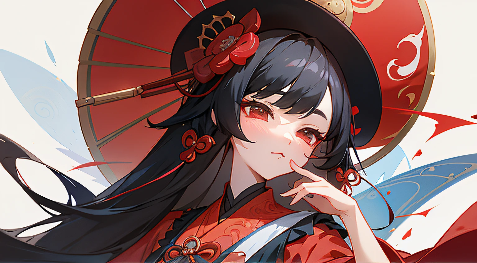Anime girl in red and black costume with black hat, Palace , A girl in Hanfu, by Yang J, onmyoji portrait, inspired by Du Qiong, inspired by Ma Yuanyu, Digital anime illustration, Chinese style, inspired by Park Hua, ! Dream Artgerm, Guviz, Guweiz in Pixiv ArtStation