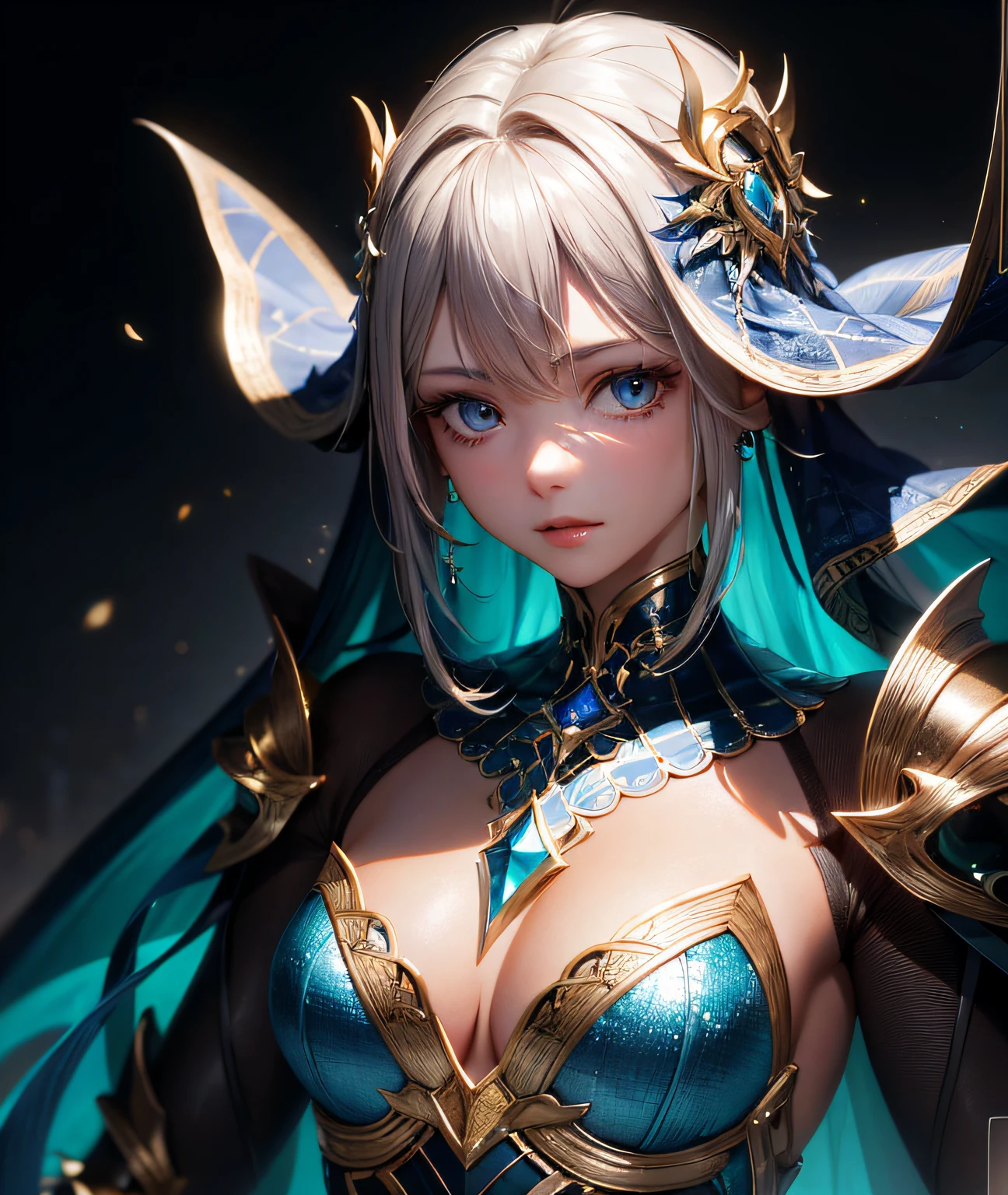 （tmasterpiece，best qualtiy：1.2）， 独奏，Close-up of a woman in a silver and blue-gold dress, detailed fantasy art, Stunning character art, Fanart Meilleure ArtStation, epic exquisite  character art, Beautiful armor, Extremely detailed Artgerm, Detailed digital anime art, Armor Girl，One has 8k blonde hair，Portrait of a beautiful cyborg，iintricate、ellegance、Exquisite details、Majestic、Digital photography、surrealism painting、Filigree-embellished tulle surrounds the figures，（tmasterpiece，Sideslit，Delicate and beautiful eyes：1.2），Highest specification image quality Sharp focus， intricately details， Long exposure time， f / 8， ISO 100， Shutter speed 1/125， diffuse back lighting， an award winning photograph， facing at the camera， looking at the camera in， Monovision， Perfect contrast， High- sharpness， facial-symmetry， depth of fields， Hyper-detail photography， Ray traching， globalillumination， TanvirTamim， smoothness， hyper HD， 8k， Unreal Engine 5， Ultra-sharp focus， Award-winning photos， Popular on ArtStation
