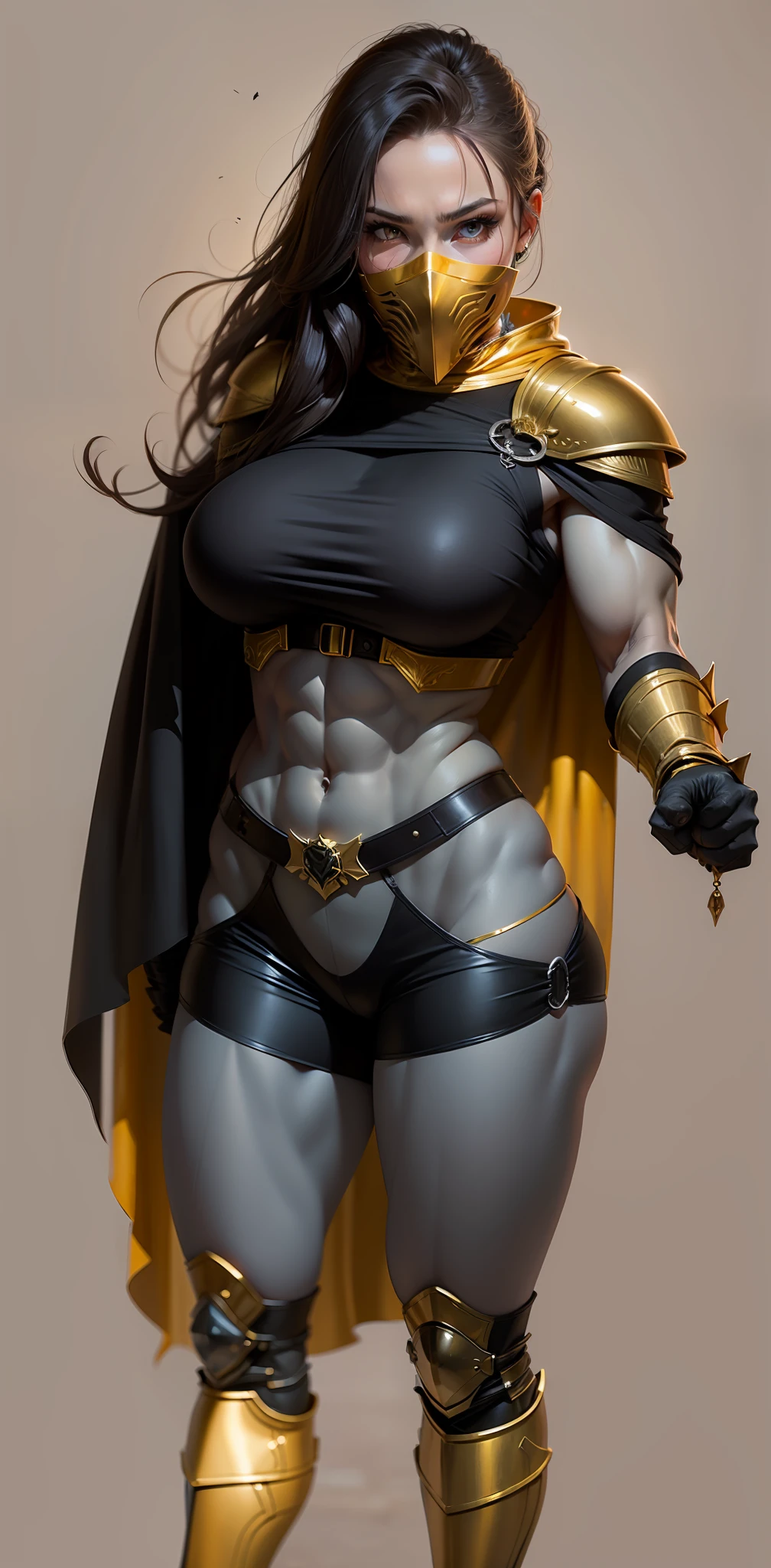 Female soldier, strong arms, bic biceps, strong abs, big breasts, big butt, golden mask covering mouth, high tech armor, black grey and golden armor, golden cape