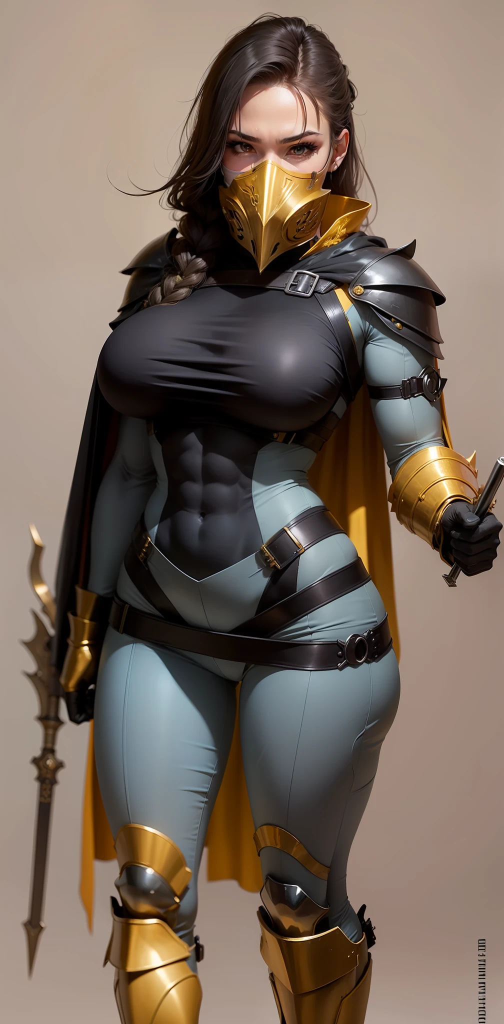 Female soldier, strong arms, bic biceps, strong abs, , big butt, goldesk covering mouth, high tech armor, black grey and golden armor, golden cape