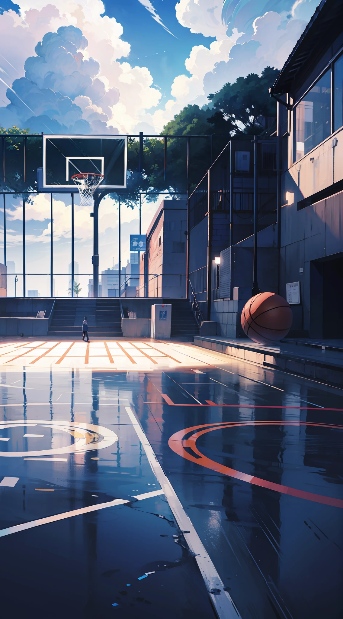 anime 2d boy, basketball court bg, outside, simple, cloud, light, bright tone, straight angle