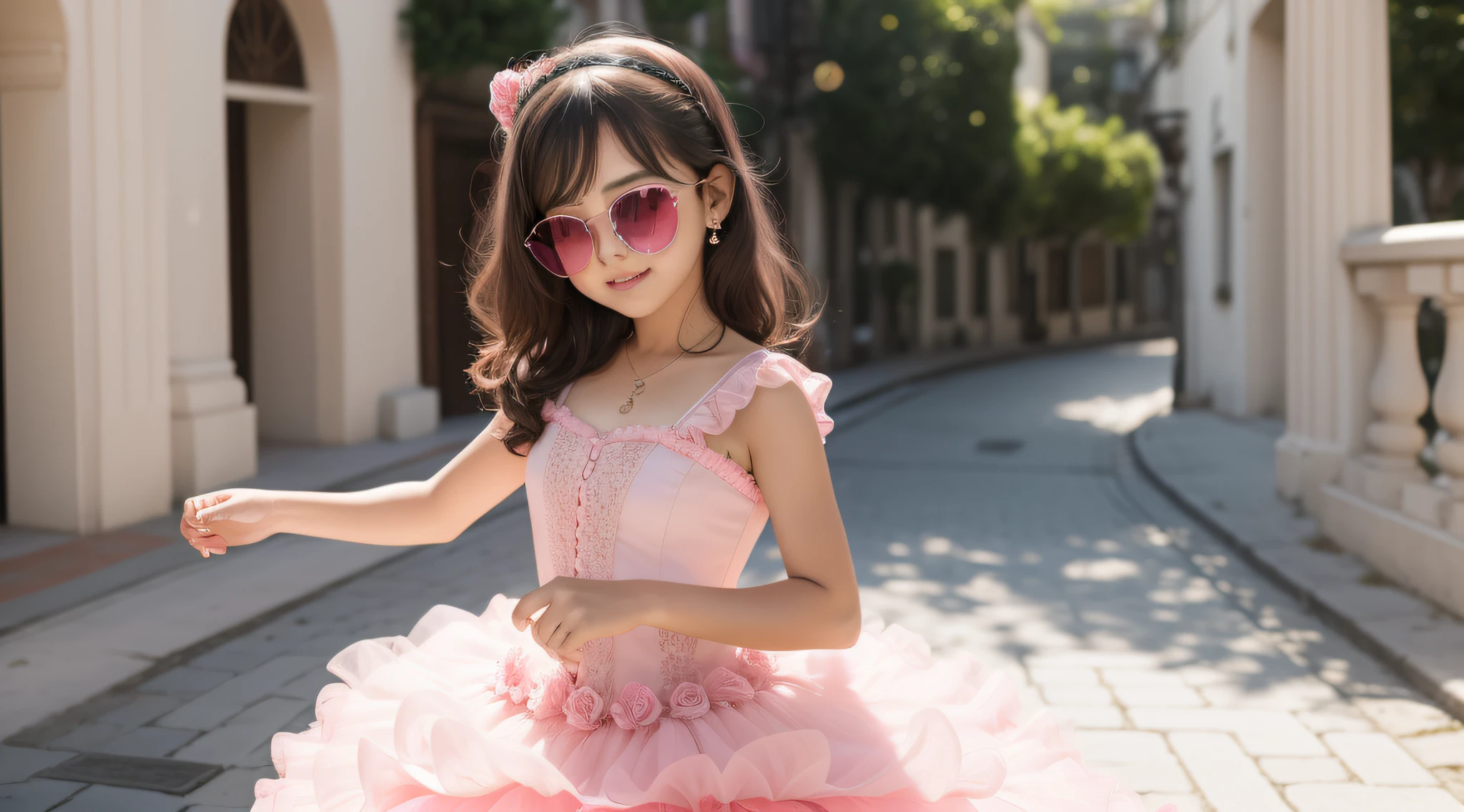 There is a girl wearing a pink dress and heart-shaped sunglasses, CLOSE UP, vestido de baile rosa brilhante, menina rosa bonita, menina doce, cute and adorable, Retrato da princesa da fada, princesa fada, de uma menina anjo bonita, romantic rose tutu, Looks doces, menina cor-de-rosa, wearing pink romantic tutu, wearing a pink romantic cor-de-rosa, princesa menina