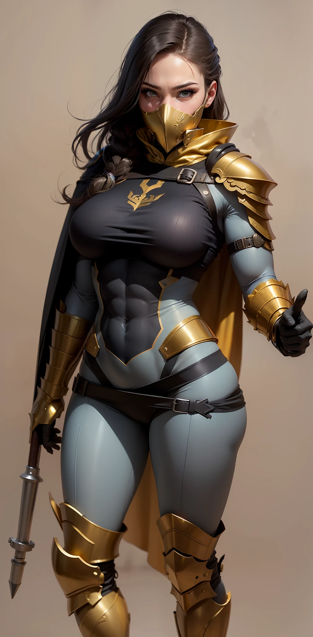 Female soldier, strong arms, bic biceps, strong abs, big breasts, big butt, golden mask covering mouth, high tech armor, black grey and golden armor, golden cape, cape covering half of her chest