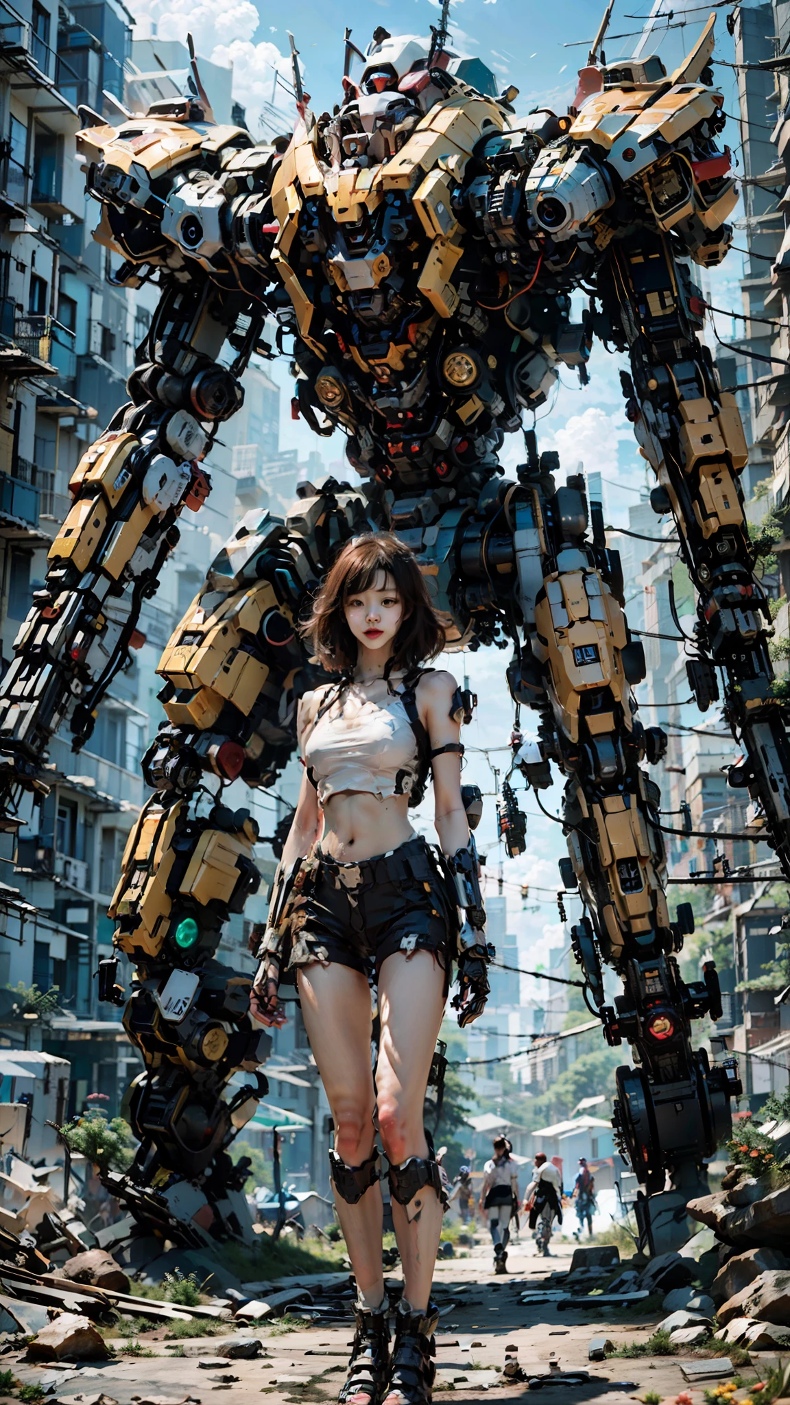 ((masterpiece, best quality)),illustration,ultra detailed 8k,photorealistic,sharp focus,highly detailed,professional lighting,colorful details,iridescent colors BREAK extreme long shot of a factory,gundam astray red,microchip,computer,glowing,intricate details,shitu-mecha,1girl is standing in front of the audience,Navel