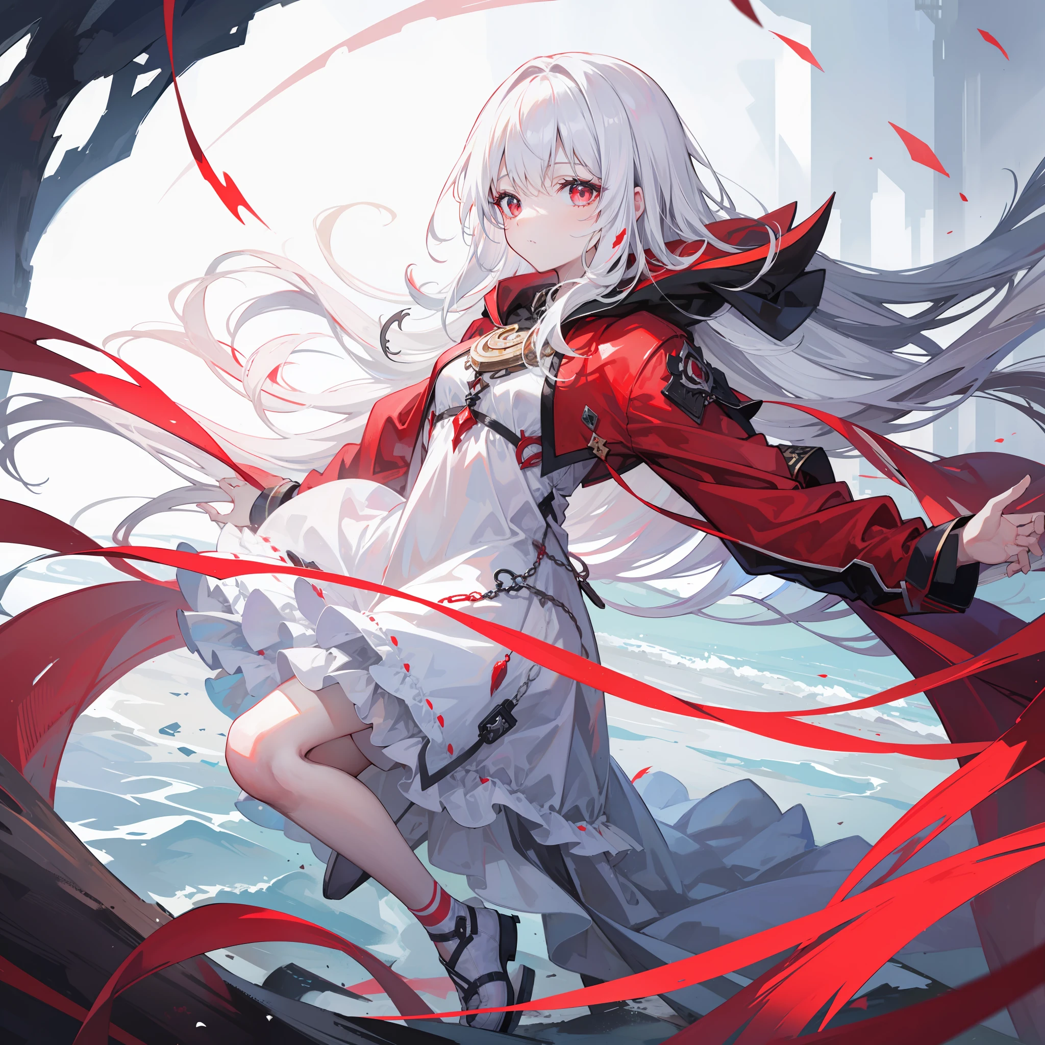 white color hair,red color eyes,Float above a dreamy misty river,tmasterpiece,HighestQuali