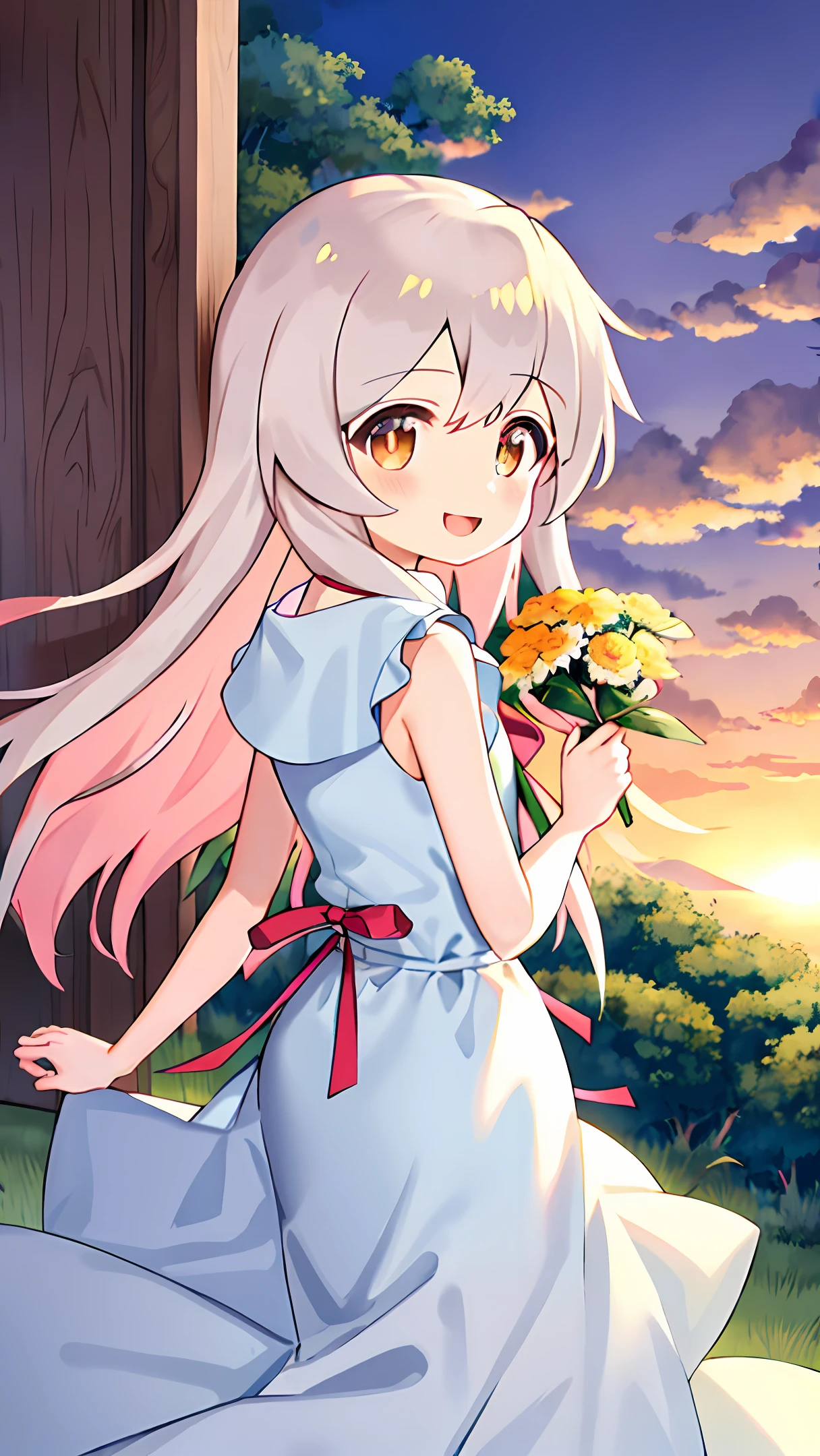 夏天,Beautiful sunset,rays of sunshine,Girl holding flowers,long skirt,ssmile,long whitr hair