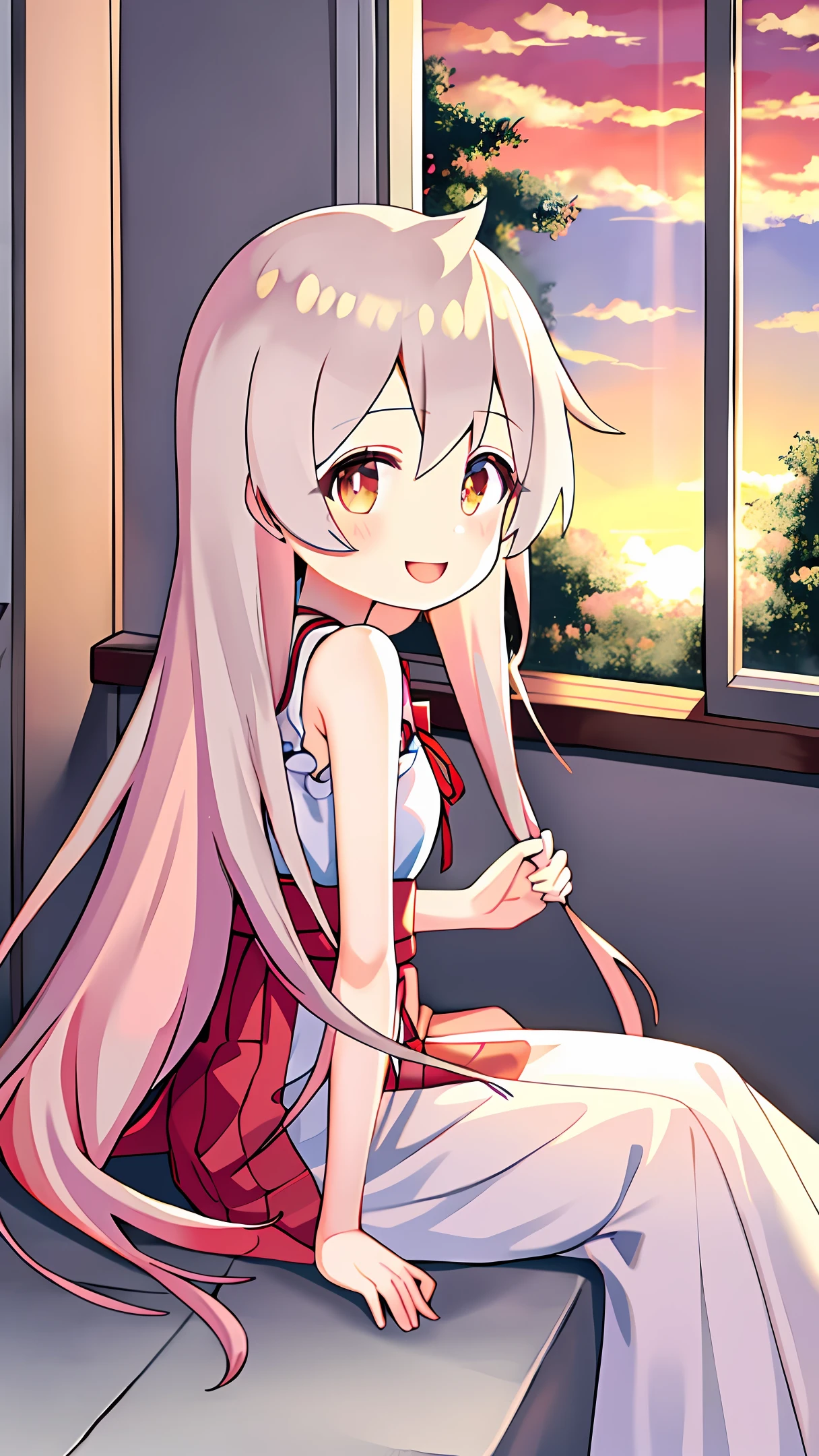 夏天，Beautiful sunset，rays of sunshine，Girl holding flowers，long  skirt，ssmile，long whitr hair