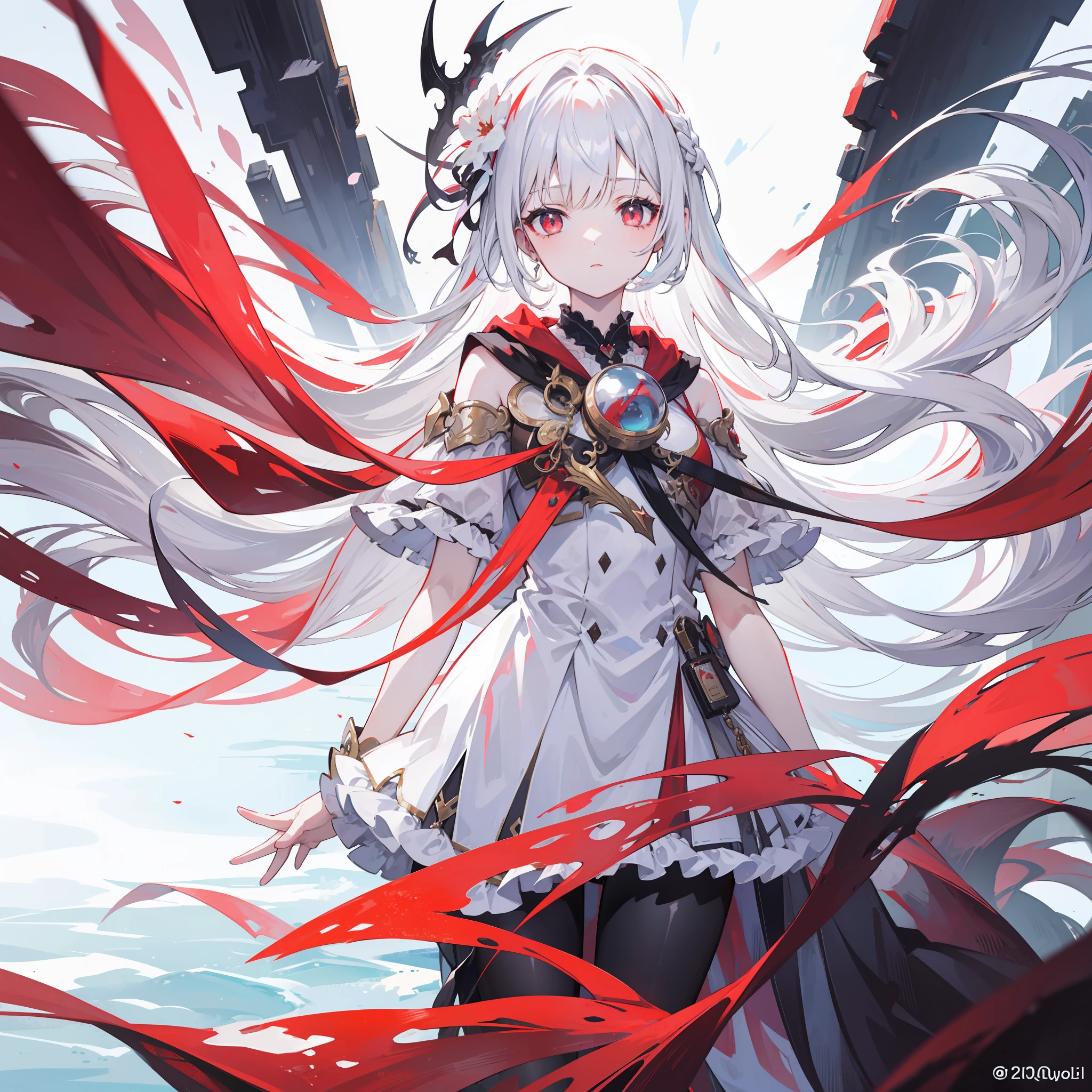 white color hair,red color eyes,Float above a dreamy misty river,tmasterpiece,HighestQuali