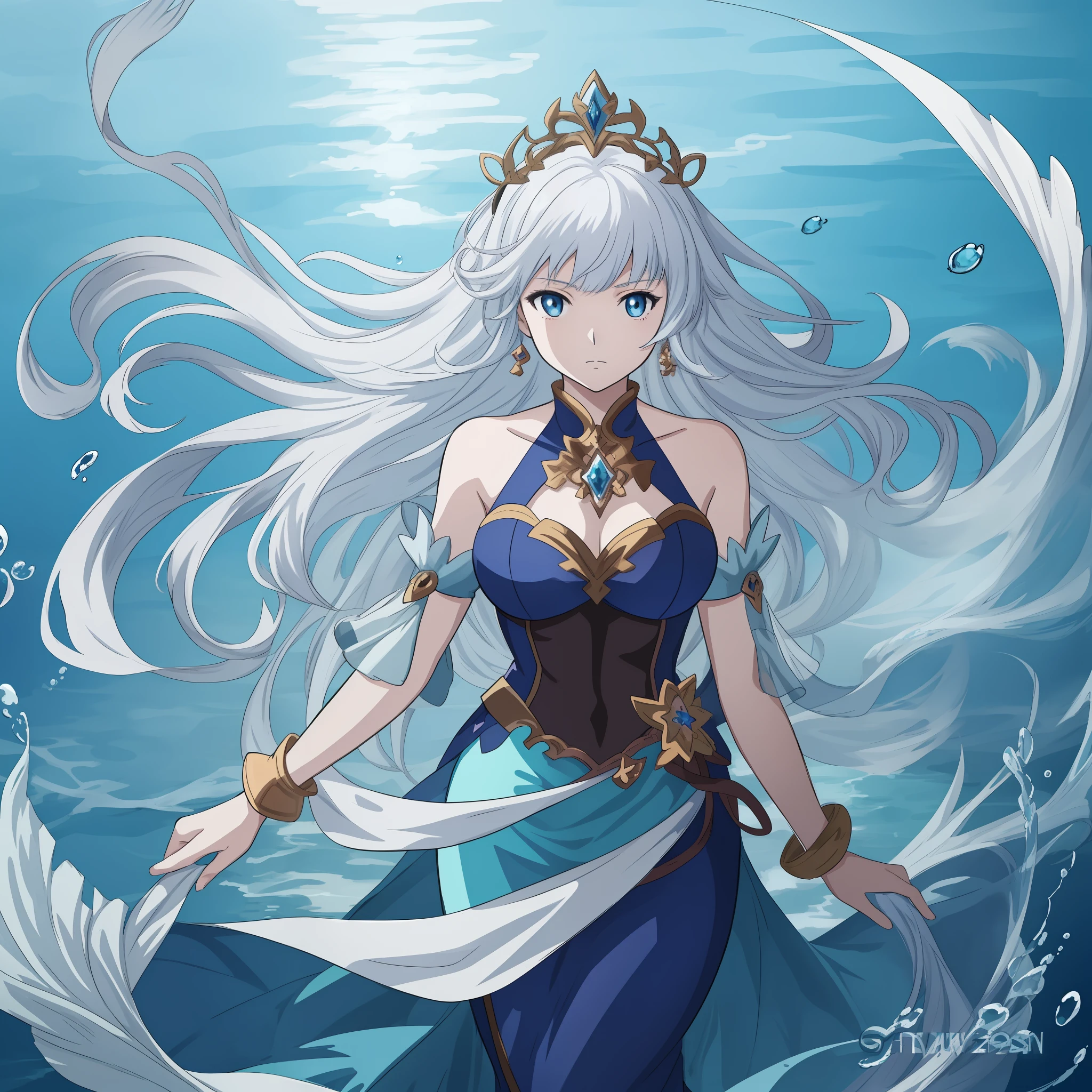 anime girl in a blue dress standing in the water, wallpaper anime blue water, trending on artstation pixiv, granblue fantasy, goddess of the ocean, beautiful fantasy anime, ”beautiful anime woman, detailed digital anime art, anime fantasy illustration, goddess of the sea, beautiful anime artwork, detailed anime art, beautiful anime art, high quality anime art, white hair, mermaid